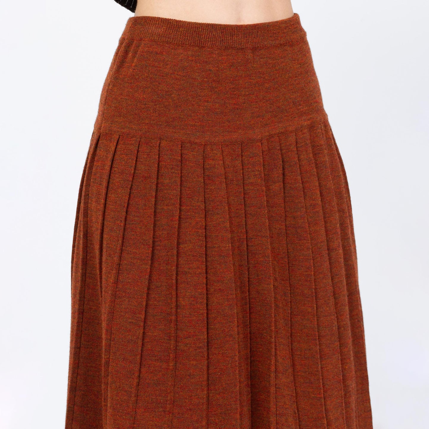 Vintage 90s Burnt Orange Knit Pleated Midi Skirt - Small | High Waisted Marled Knit A Line Minimalist Skirt