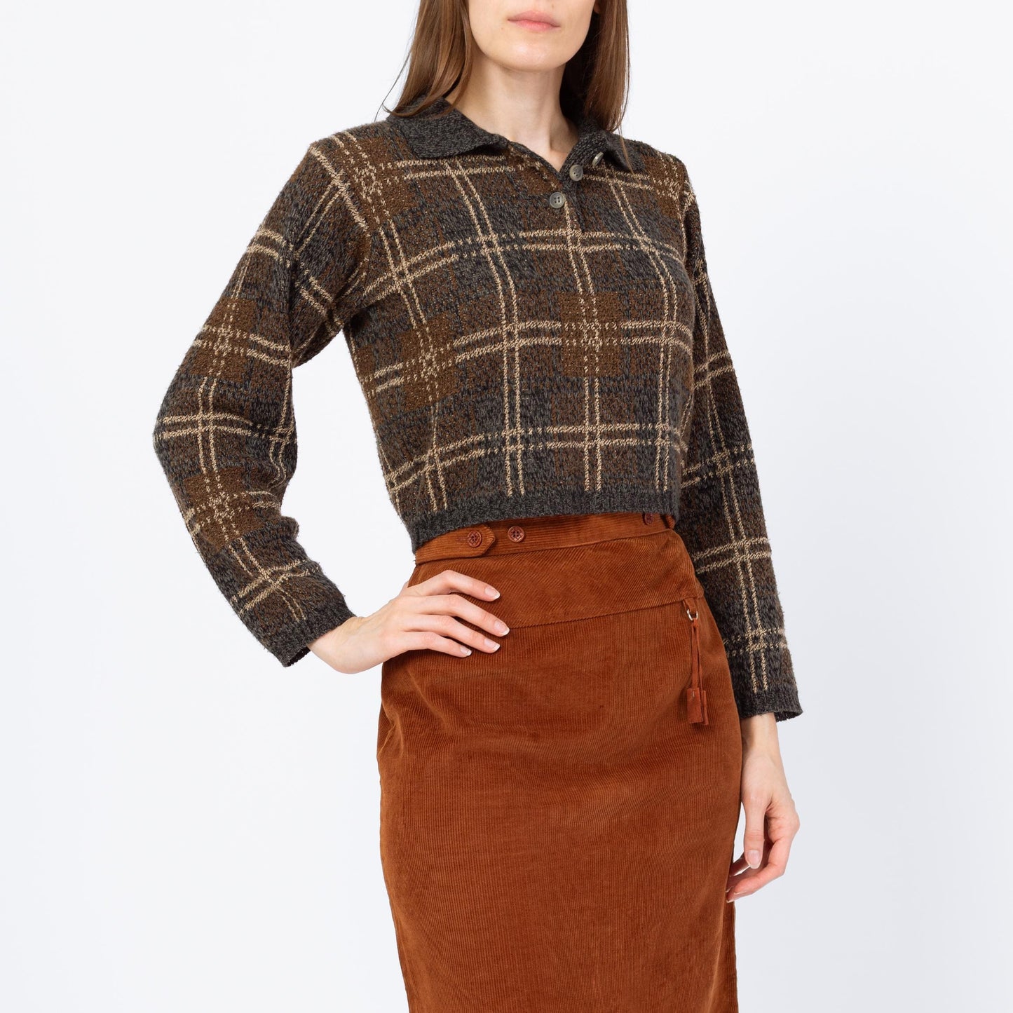 Vintage 90s Windowpane Plaid Knit Crop Top Sweater - Medium | Blue Brown Slouchy 1/4 Button Collared Cropped Pullover