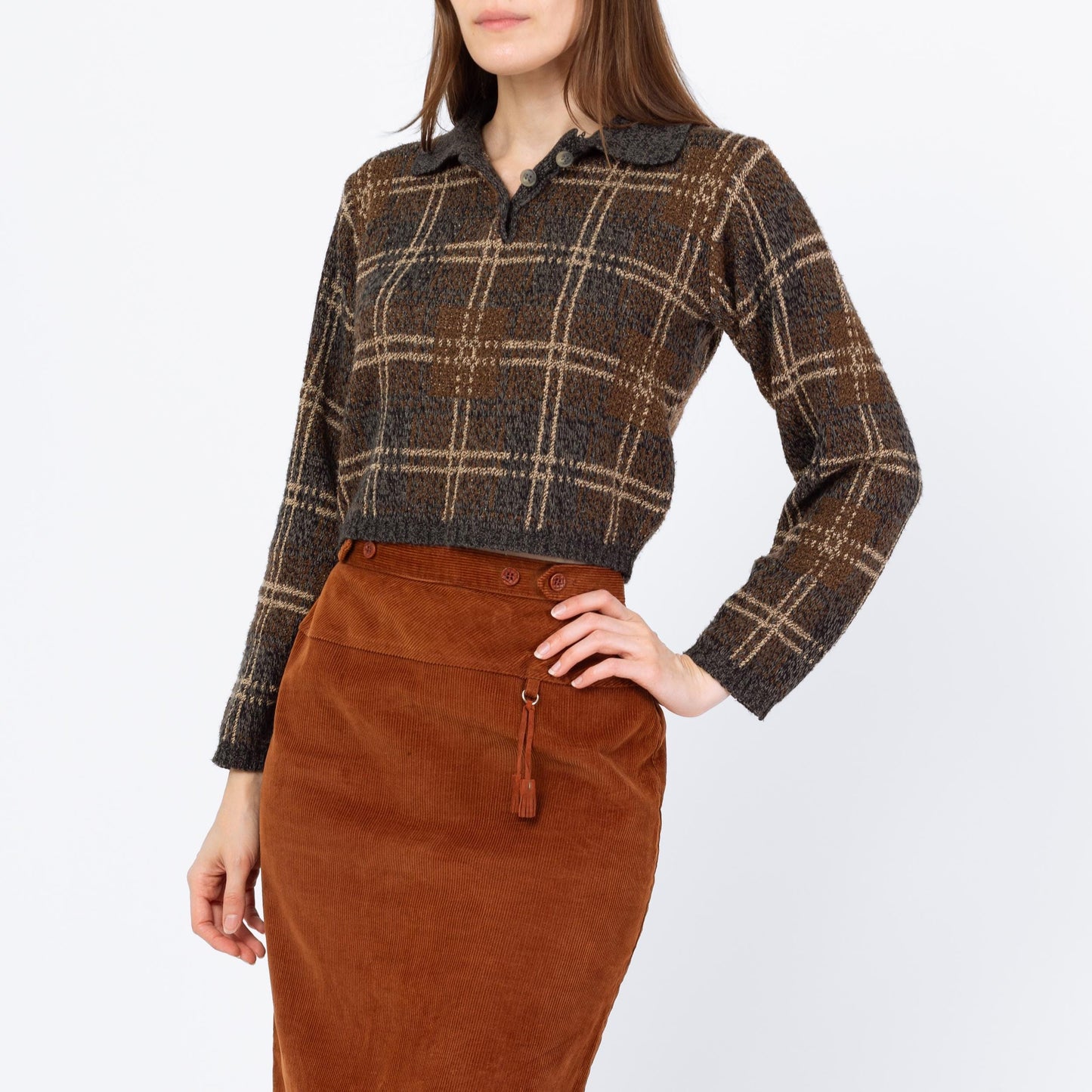 Vintage 90s Windowpane Plaid Knit Crop Top Sweater - Medium | Blue Brown Slouchy 1/4 Button Collared Cropped Pullover
