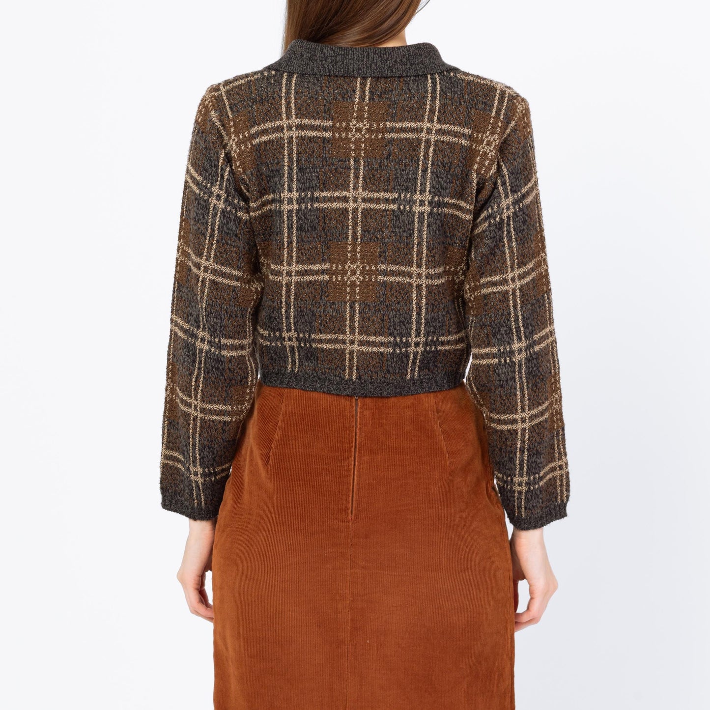 Vintage 90s Windowpane Plaid Knit Crop Top Sweater - Medium | Blue Brown Slouchy 1/4 Button Collared Cropped Pullover