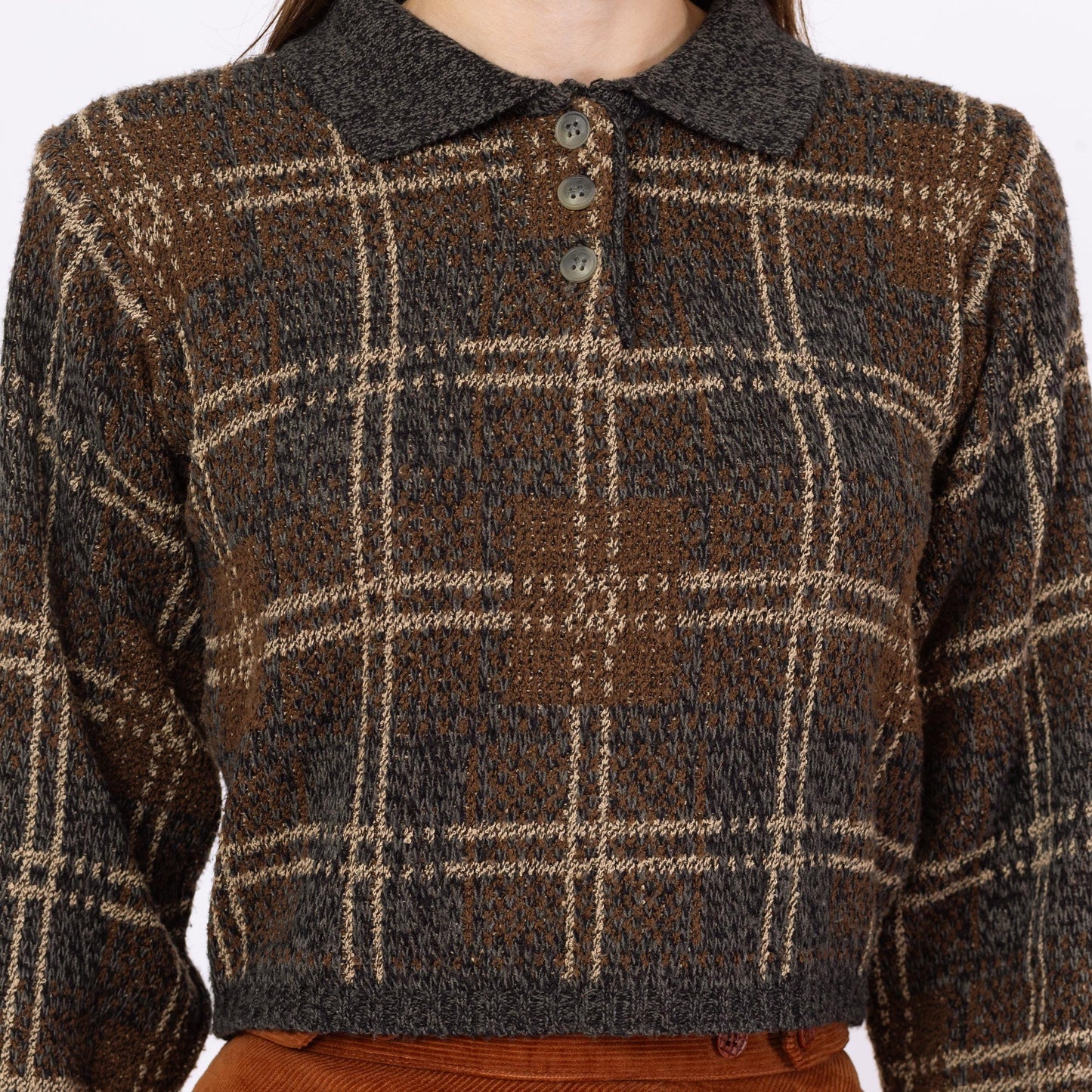 Vintage 90s Windowpane Plaid Knit Crop Top Sweater - Medium | Blue Brown Slouchy 1/4 Button Collared Cropped Pullover