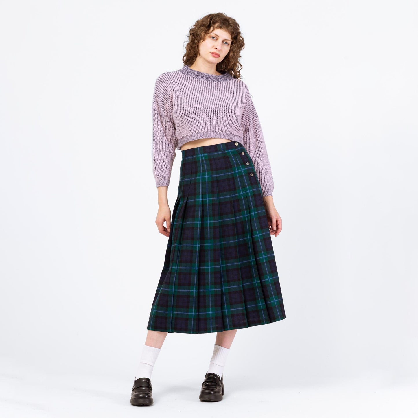 Vintage 80s Dark Plaid Wool Midi Skirt - Medium, 29" Waist