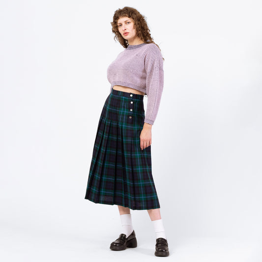 Vintage 80s Dark Plaid Wool Midi Skirt - Medium, 29" Waist