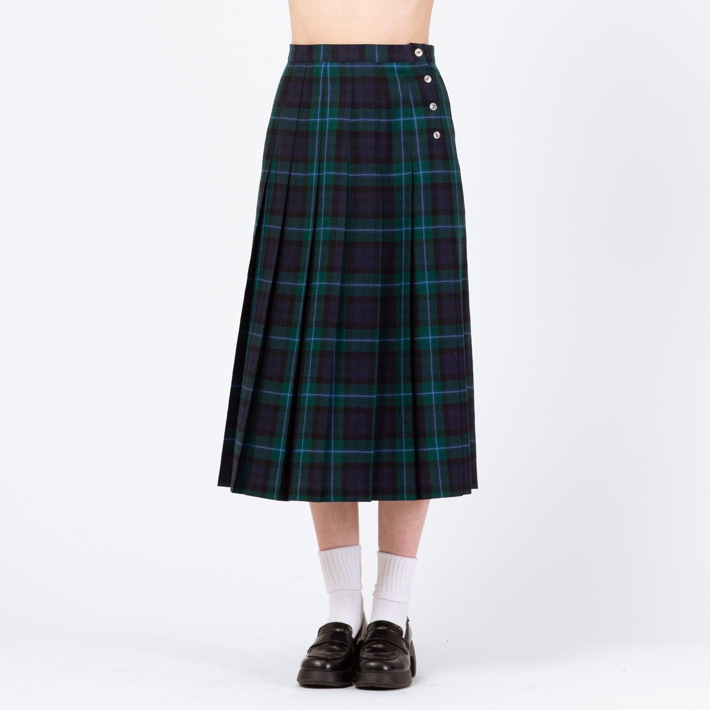 Vintage 80s Dark Plaid Wool Midi Skirt - Medium, 29" Waist