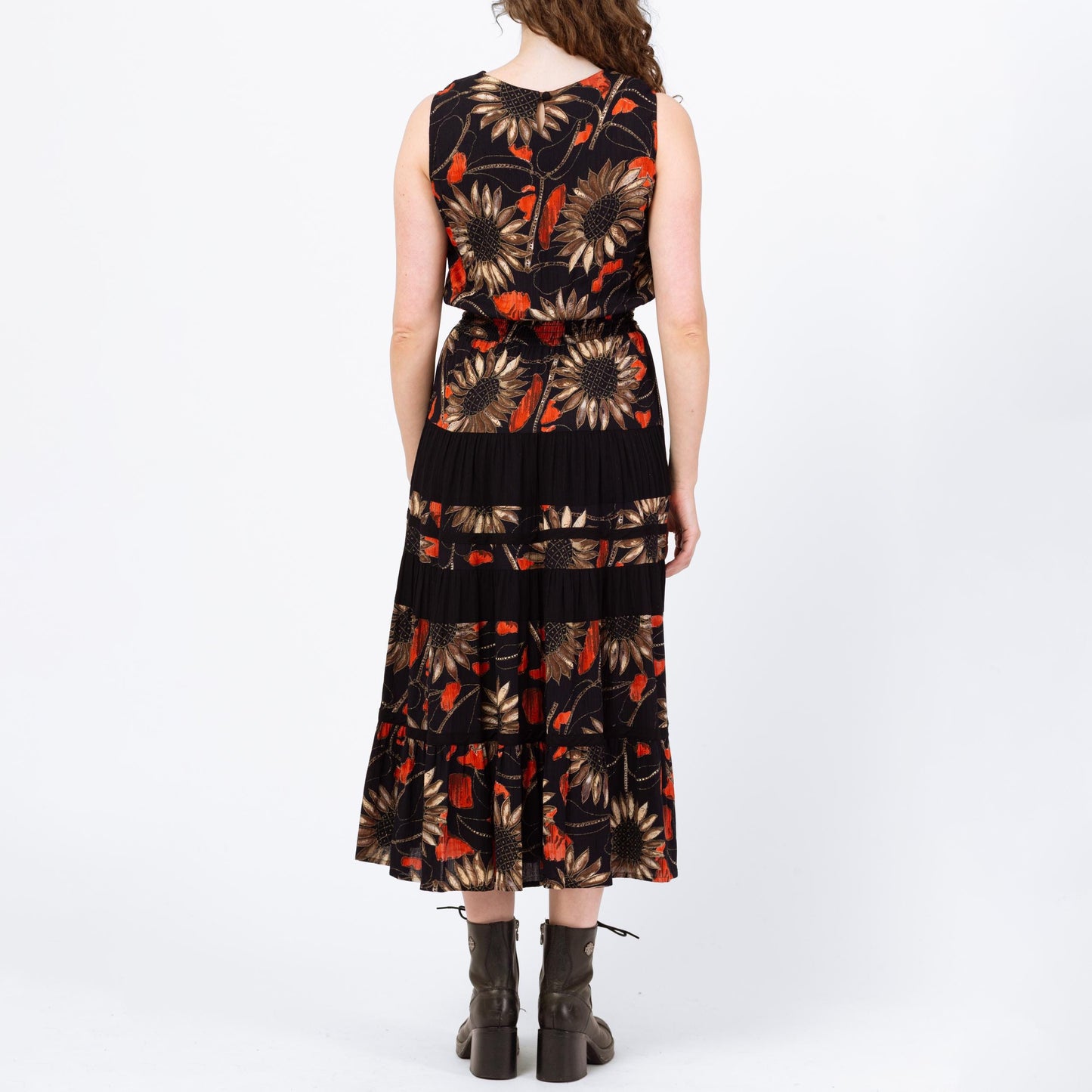 Vintage 90s Black Metallic Sunflower Print Maxi Tank Dress - Medium | Sleeveless Floral Grunge Dress, Boho Summer Sundress
