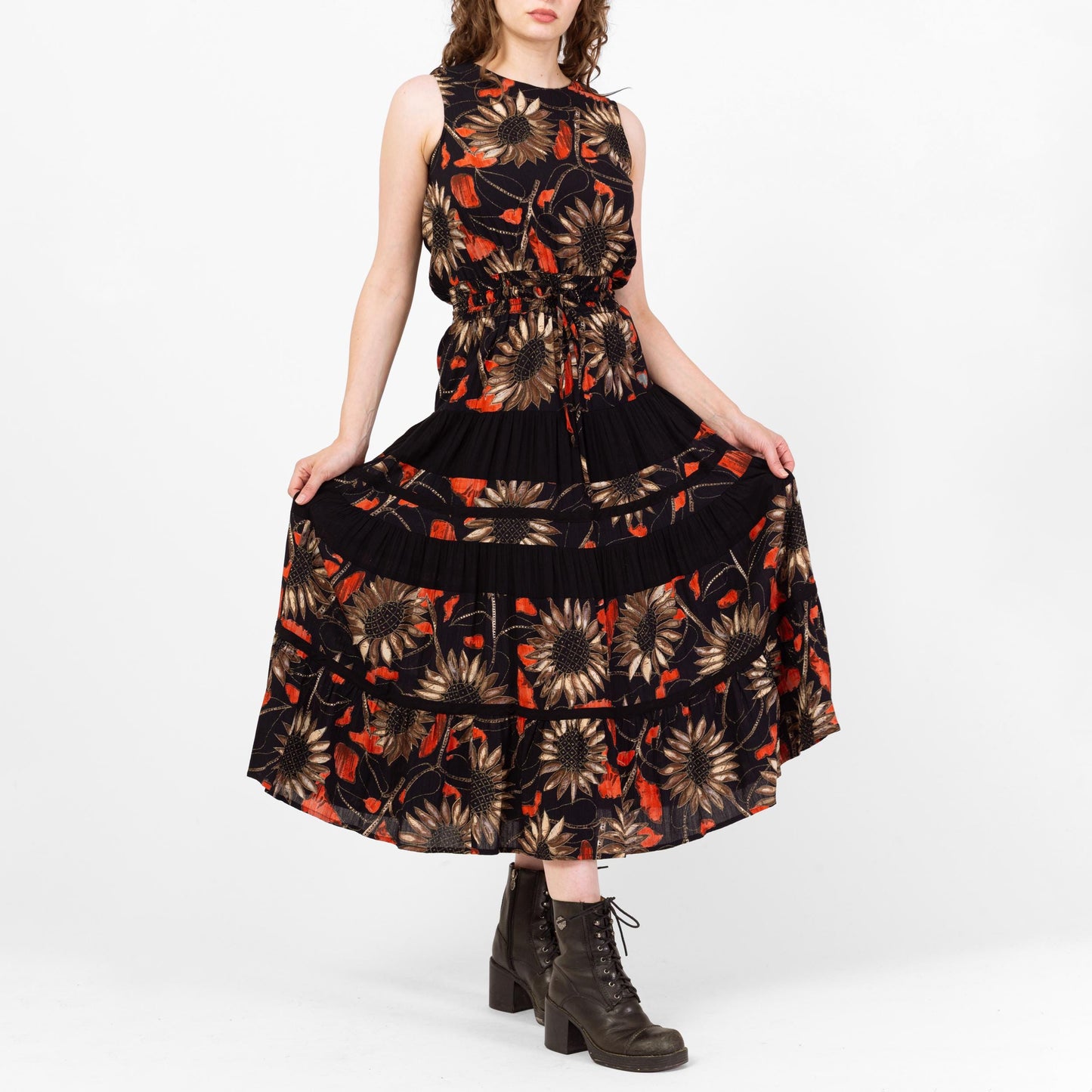 Vintage 90s Black Metallic Sunflower Print Maxi Tank Dress - Medium | Sleeveless Floral Grunge Dress, Boho Summer Sundress