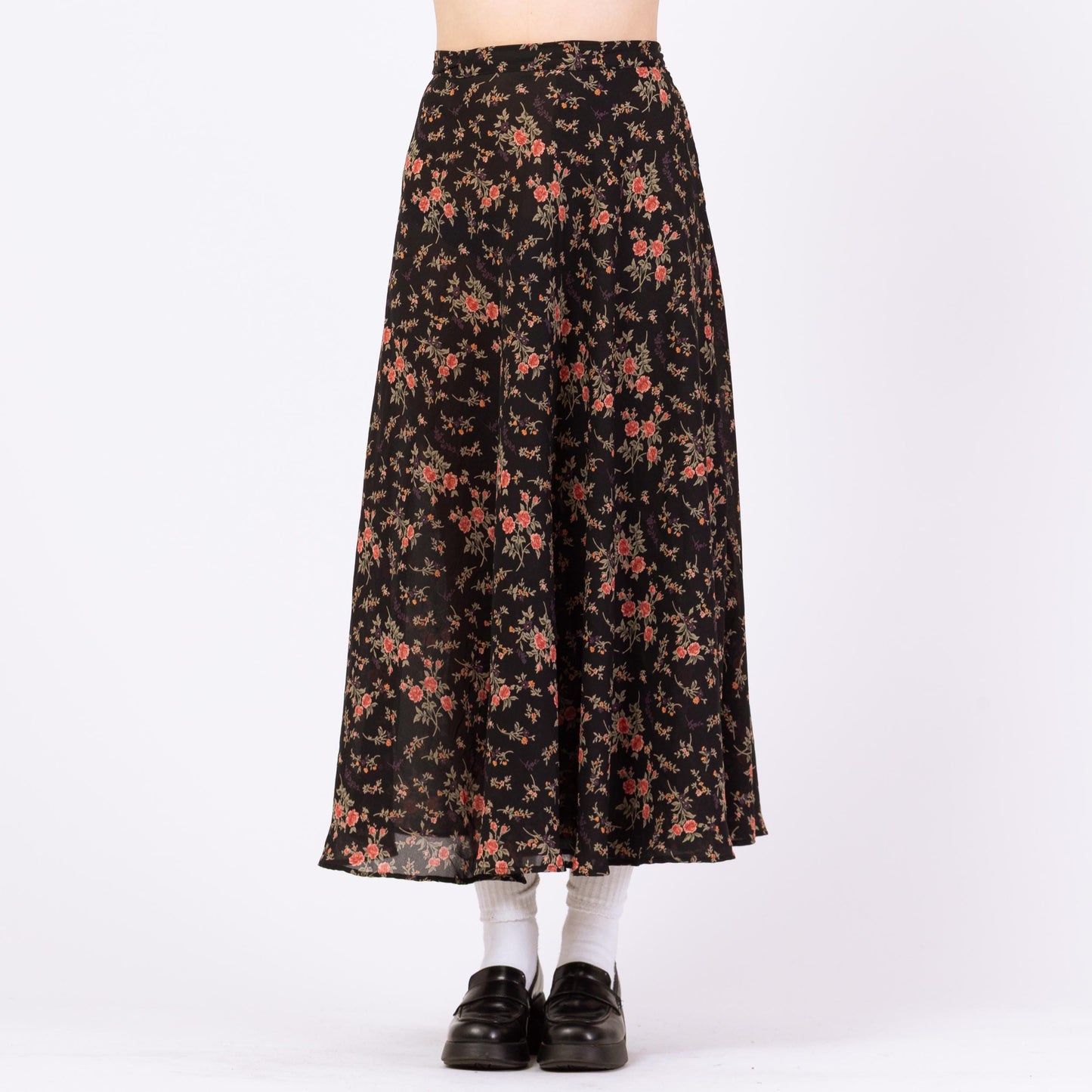 Vintage 90s Express Sheer Black Floral Maxi Wrap Skirt - Medium | Compagnie Internationale Boho Flower Print Long Summer Skirt