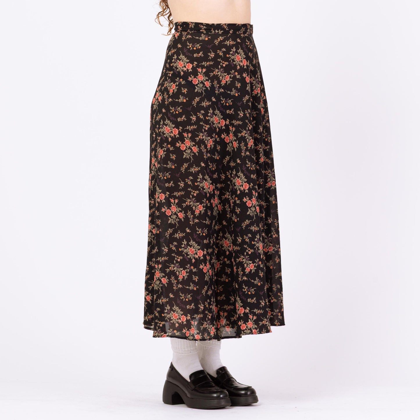 Vintage 90s Express Sheer Black Floral Maxi Wrap Skirt - Medium | Compagnie Internationale Boho Flower Print Long Summer Skirt