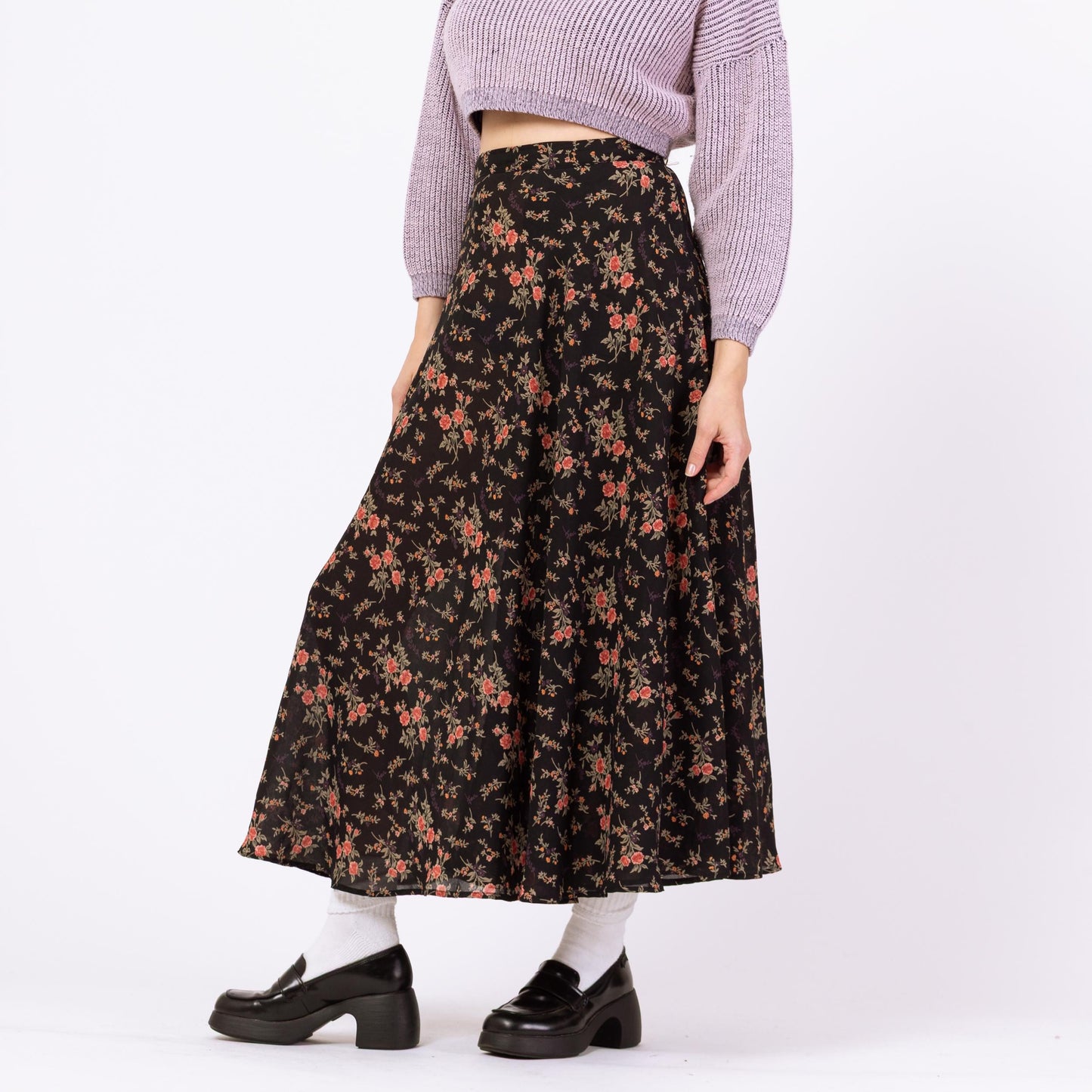 Vintage 90s Express Sheer Black Floral Maxi Wrap Skirt - Medium | Compagnie Internationale Boho Flower Print Long Summer Skirt