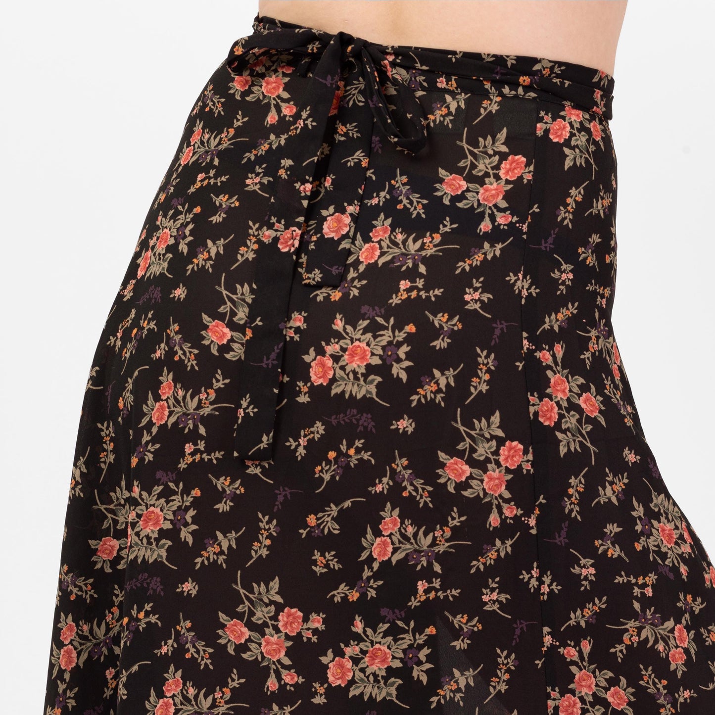 Vintage 90s Express Sheer Black Floral Maxi Wrap Skirt - Medium | Compagnie Internationale Boho Flower Print Long Summer Skirt