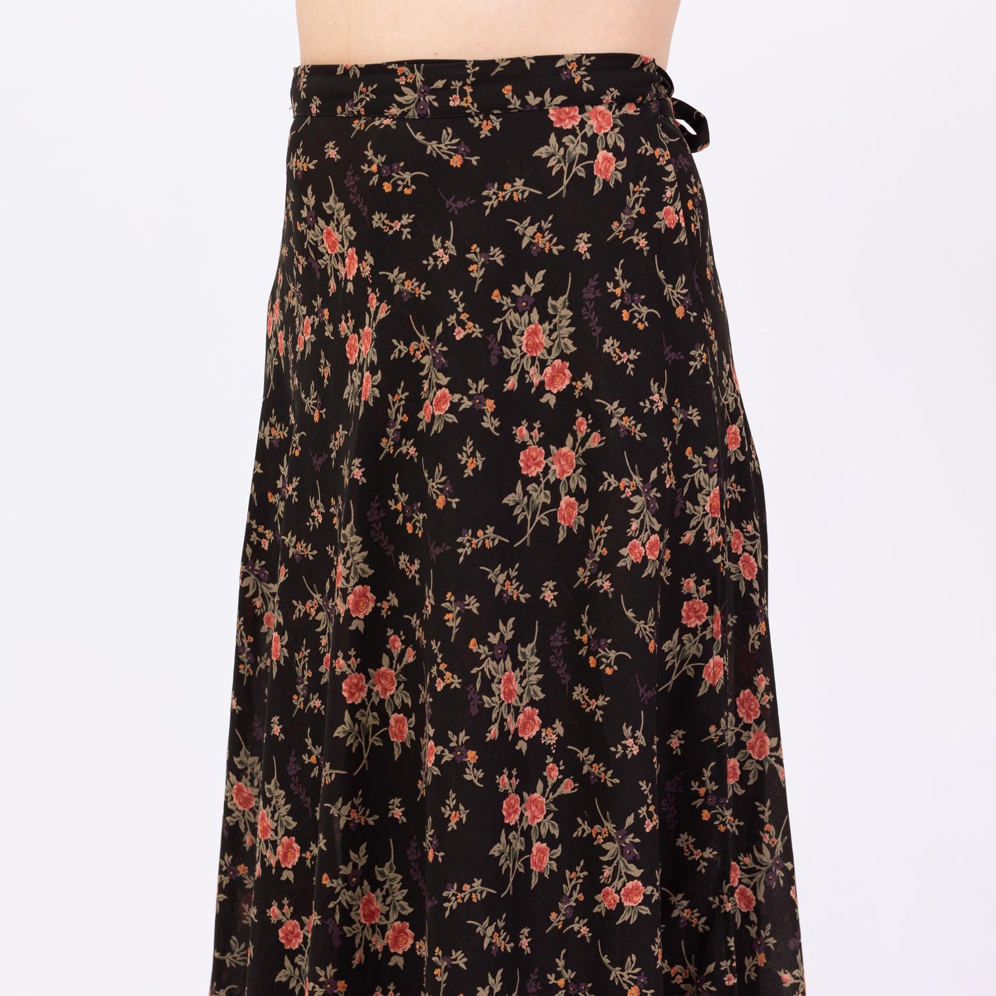 Vintage 90s Express Sheer Black Floral Maxi Wrap Skirt - Medium | Compagnie Internationale Boho Flower Print Long Summer Skirt