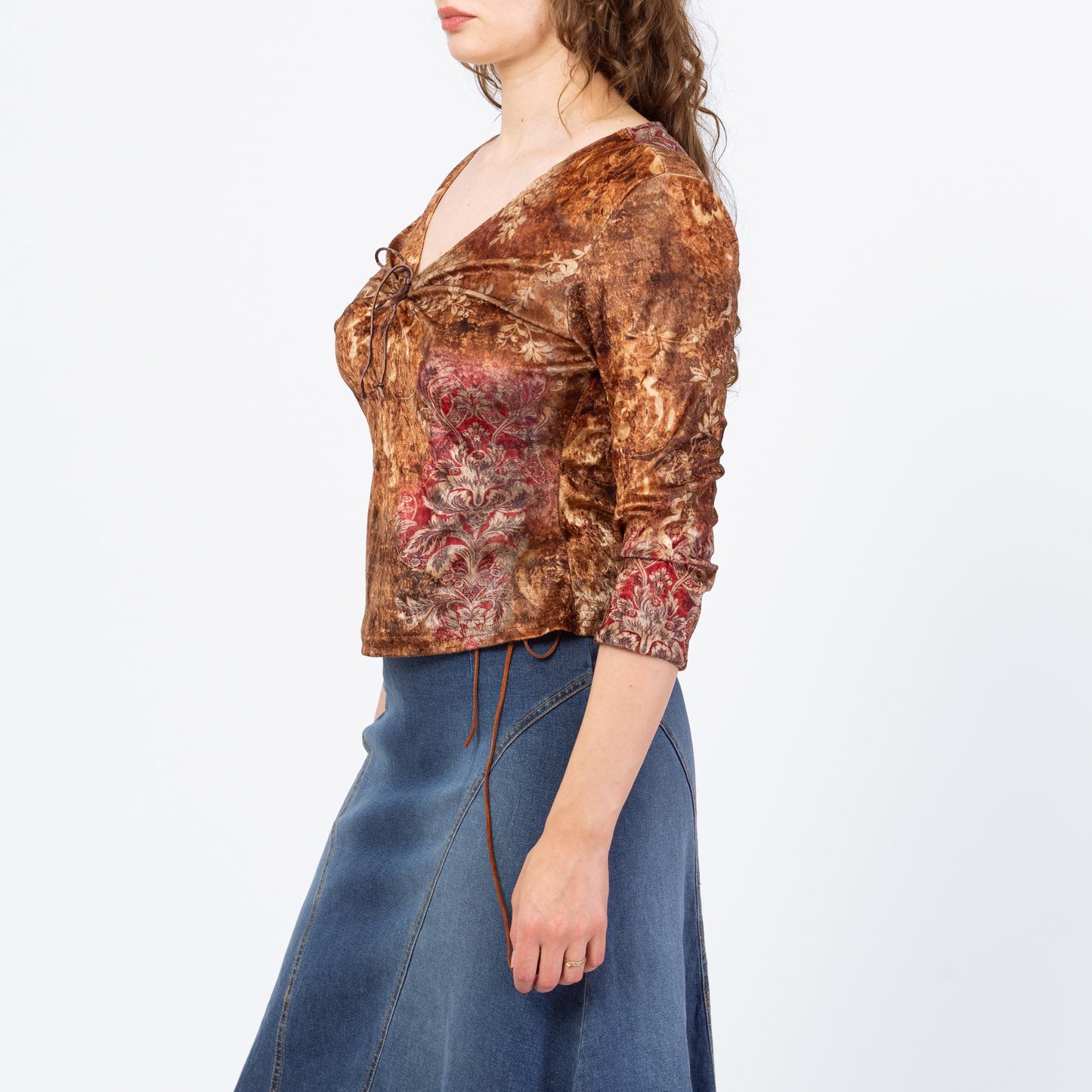 Vintage Y2K Brown Floral Velvet Keyhole Neck Top - Large | Boho 3/4 Sleeve V Neck Blouse