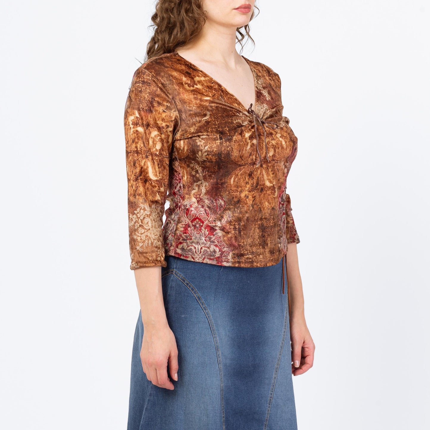 Vintage Y2K Brown Floral Velvet Keyhole Neck Top - Large | Boho 3/4 Sleeve V Neck Blouse