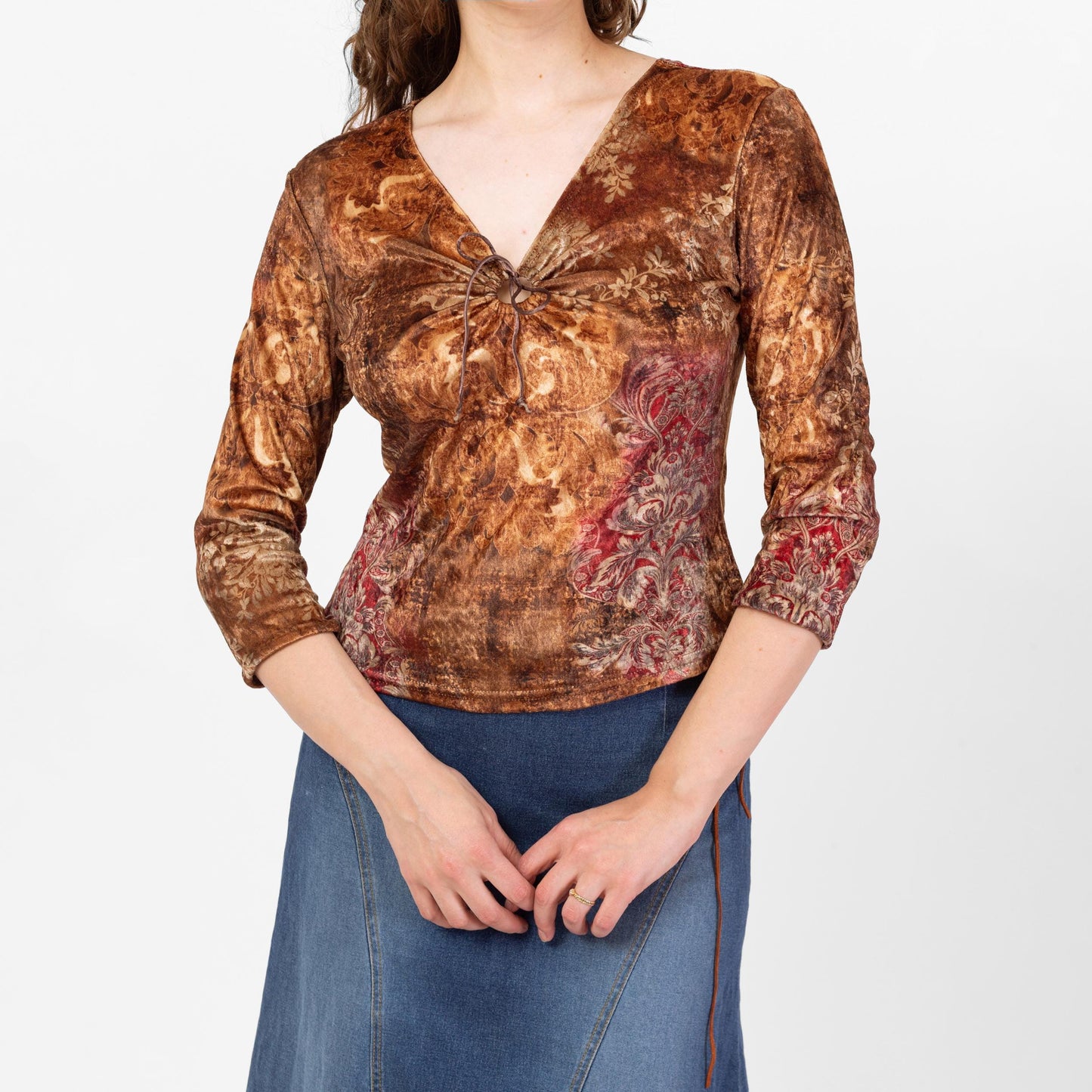 Vintage Y2K Brown Floral Velvet Keyhole Neck Top - Large | Boho 3/4 Sleeve V Neck Blouse