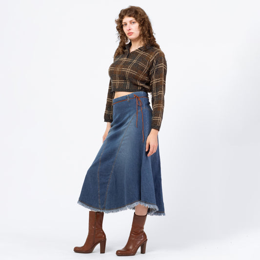Vintage 90s Western Stretchy Denim Midi Skirt - Medium | Low Waisted Blue Jean Skirt, A Line Fringe Skirt