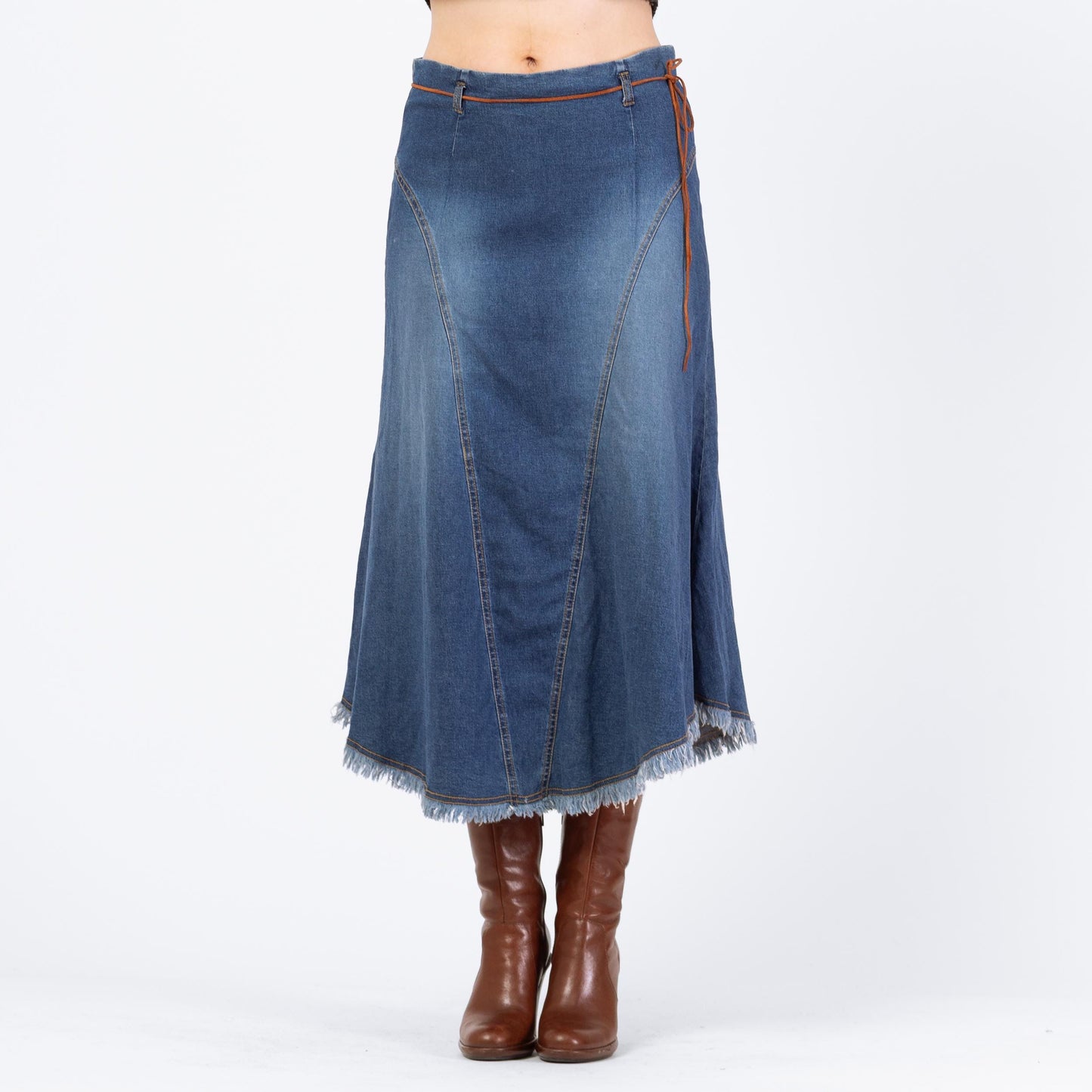 Vintage 90s Western Stretchy Denim Midi Skirt - Medium | Low Waisted Blue Jean Skirt, A Line Fringe Skirt