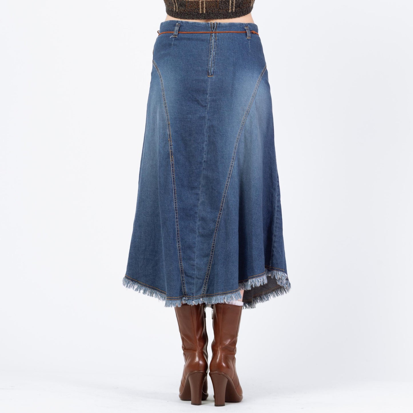 Vintage 90s Western Stretchy Denim Midi Skirt - Medium | Low Waisted Blue Jean Skirt, A Line Fringe Skirt
