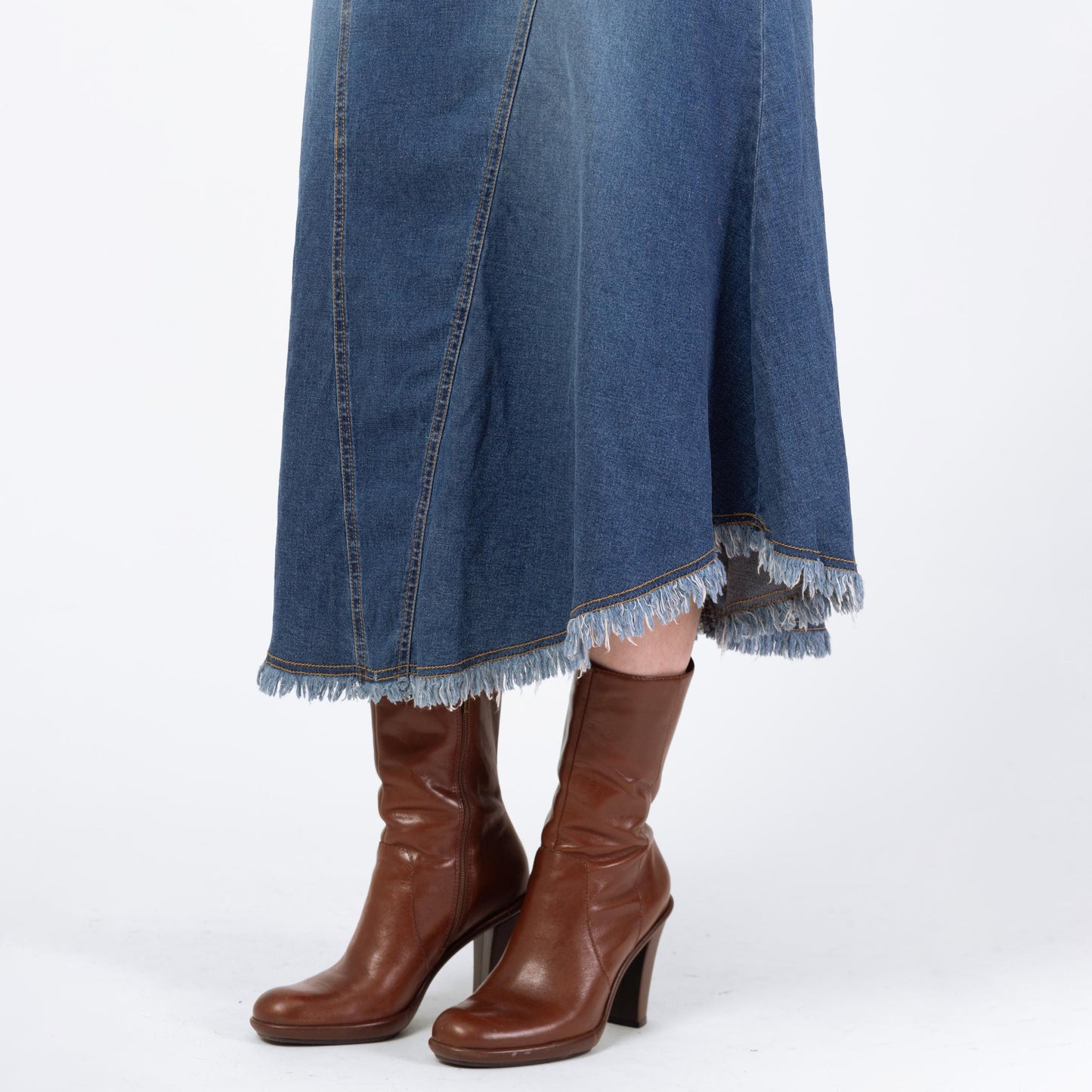 Vintage 90s Western Stretchy Denim Midi Skirt - Medium | Low Waisted Blue Jean Skirt, A Line Fringe Skirt