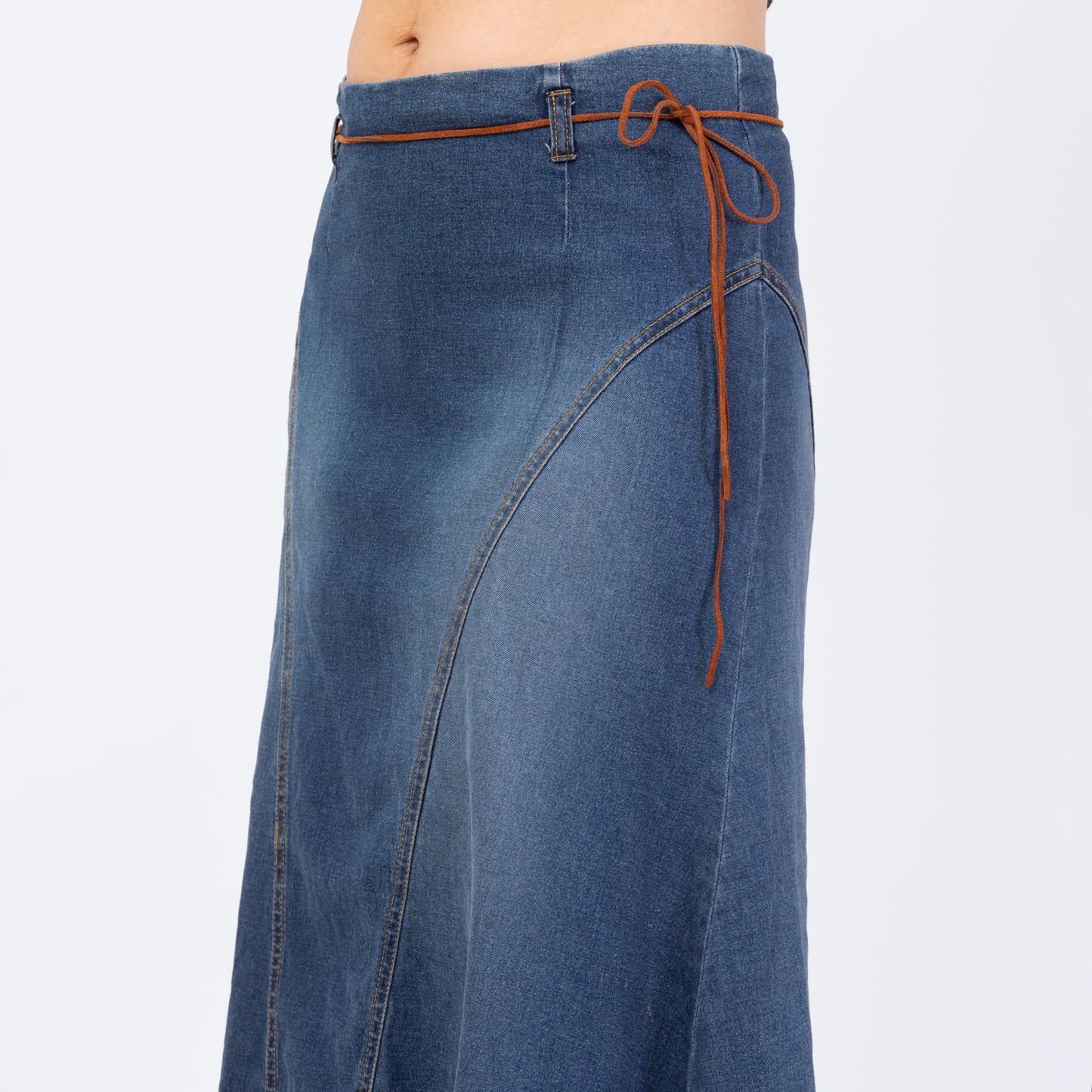 Vintage 90s Western Stretchy Denim Midi Skirt - Medium | Low Waisted Blue Jean Skirt, A Line Fringe Skirt