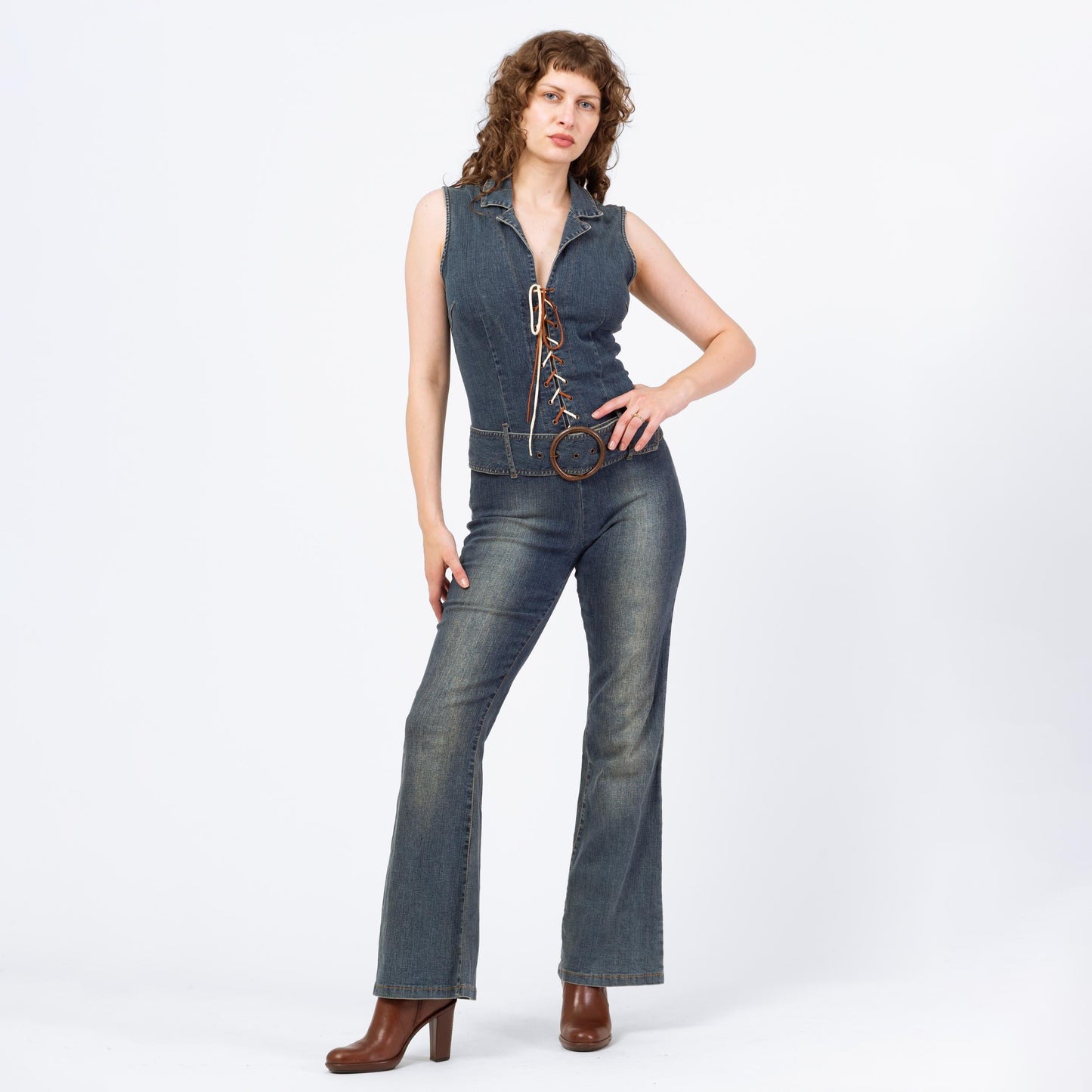Vintage 90s Y2K Denim Lace Up Fitted Jumpsuit - Medium | Faded Dark Wash Stretchy Jean Corset Pantsuit