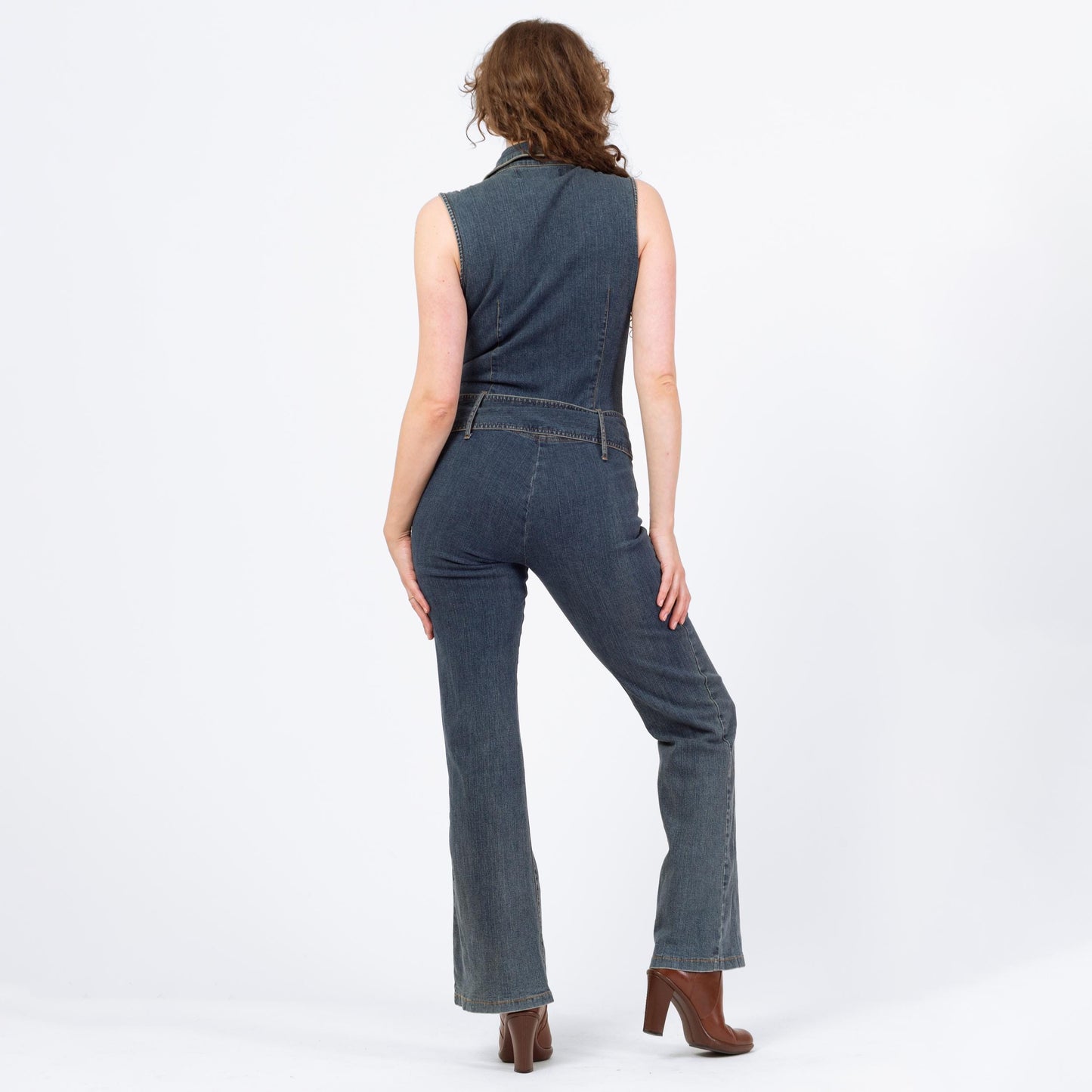 Vintage 90s Y2K Denim Lace Up Fitted Jumpsuit - Medium | Faded Dark Wash Stretchy Jean Corset Pantsuit