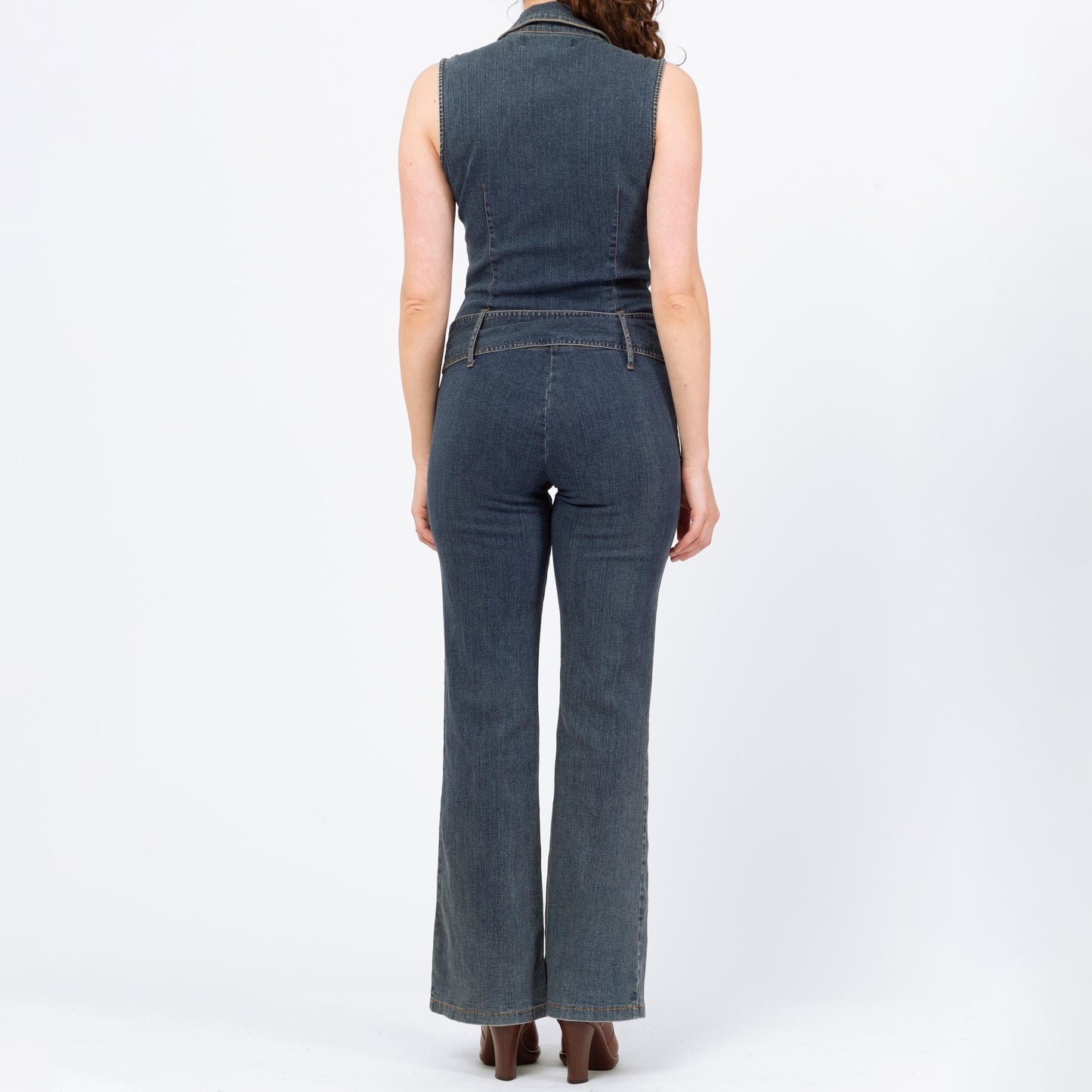 Vintage 90s Y2K Denim Lace Up Fitted Jumpsuit - Medium | Faded Dark Wash Stretchy Jean Corset Pantsuit