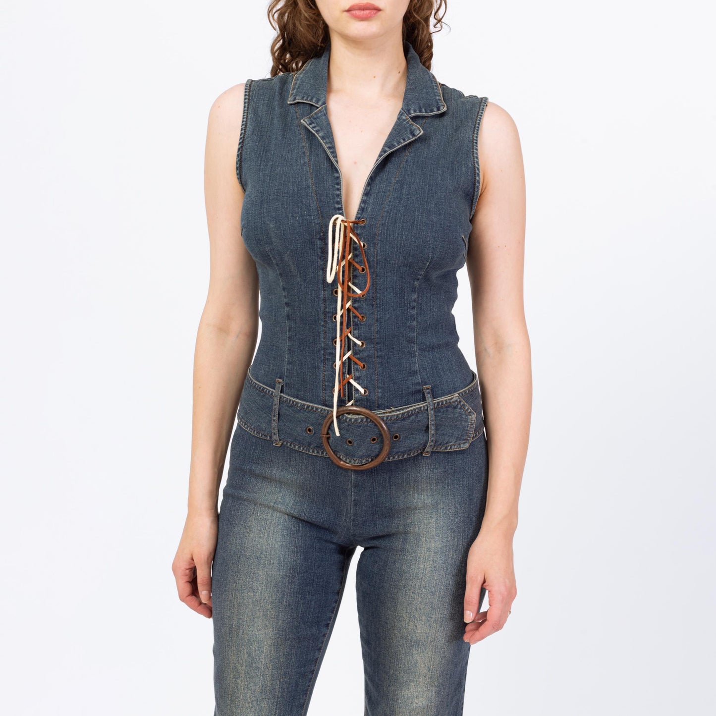 Vintage 90s Y2K Denim Lace Up Fitted Jumpsuit - Medium | Faded Dark Wash Stretchy Jean Corset Pantsuit