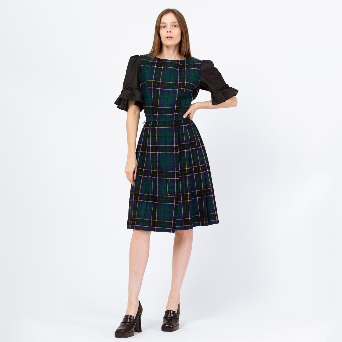 Vintage 60s Green Scottish Tartan Pinafore Dress - Small