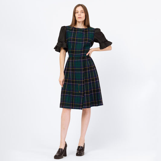Vintage 60s Green Scottish Tartan Pinafore Dress - Small
