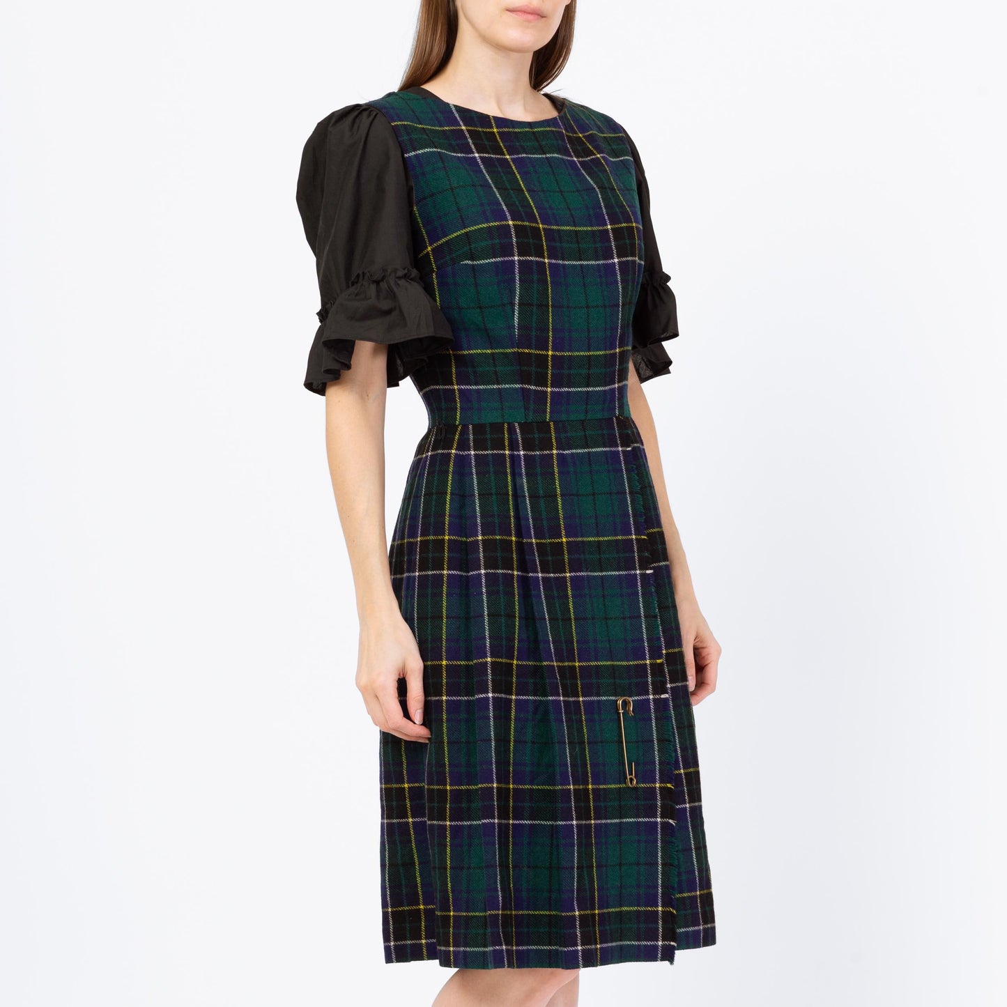 Vintage 60s Green Scottish Tartan Pinafore Dress - Small