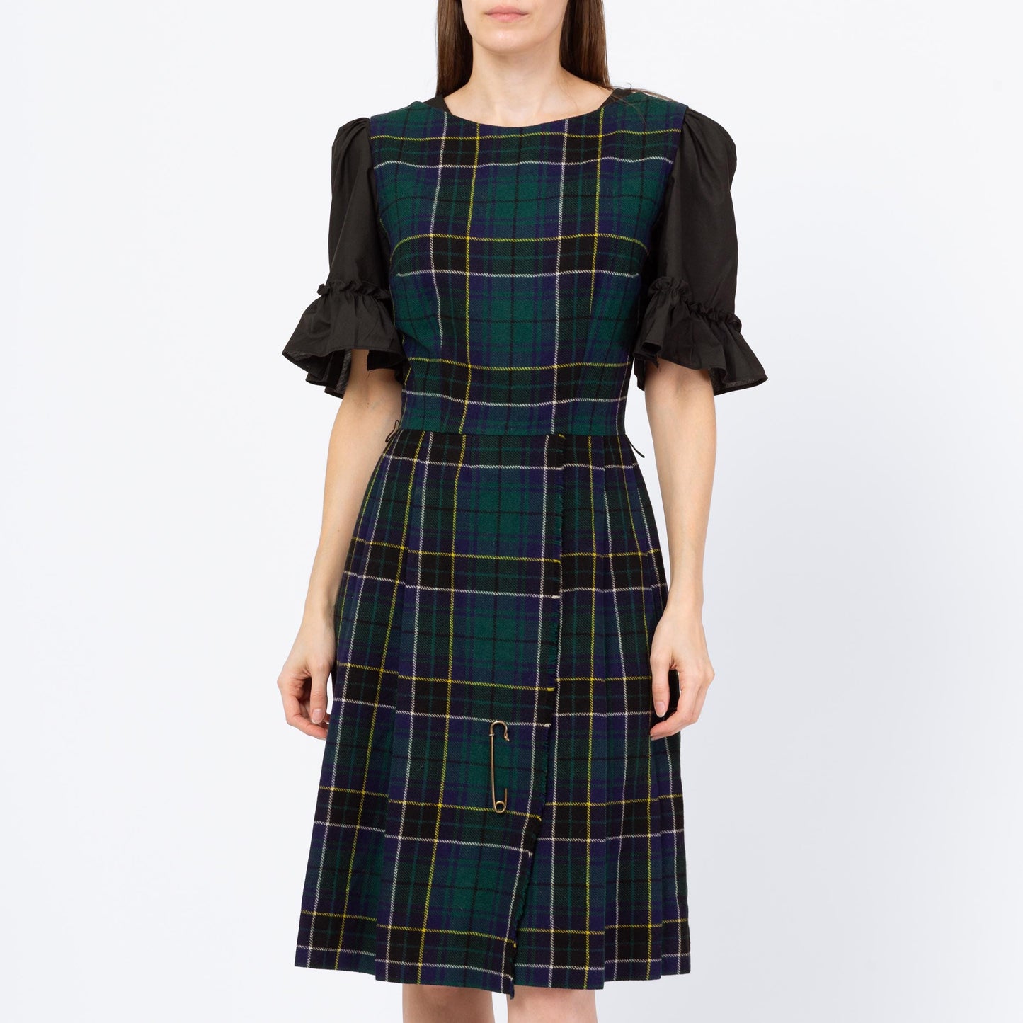 Vintage 60s Green Scottish Tartan Pinafore Dress - Small