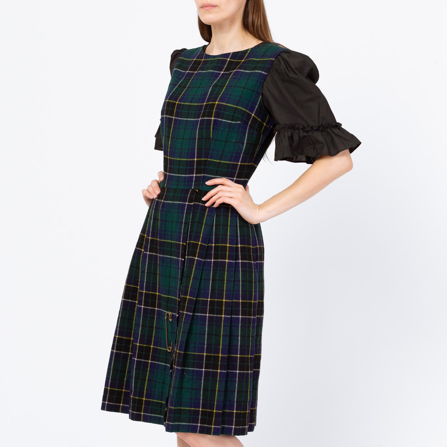 Vintage 60s Green Scottish Tartan Pinafore Dress - Small