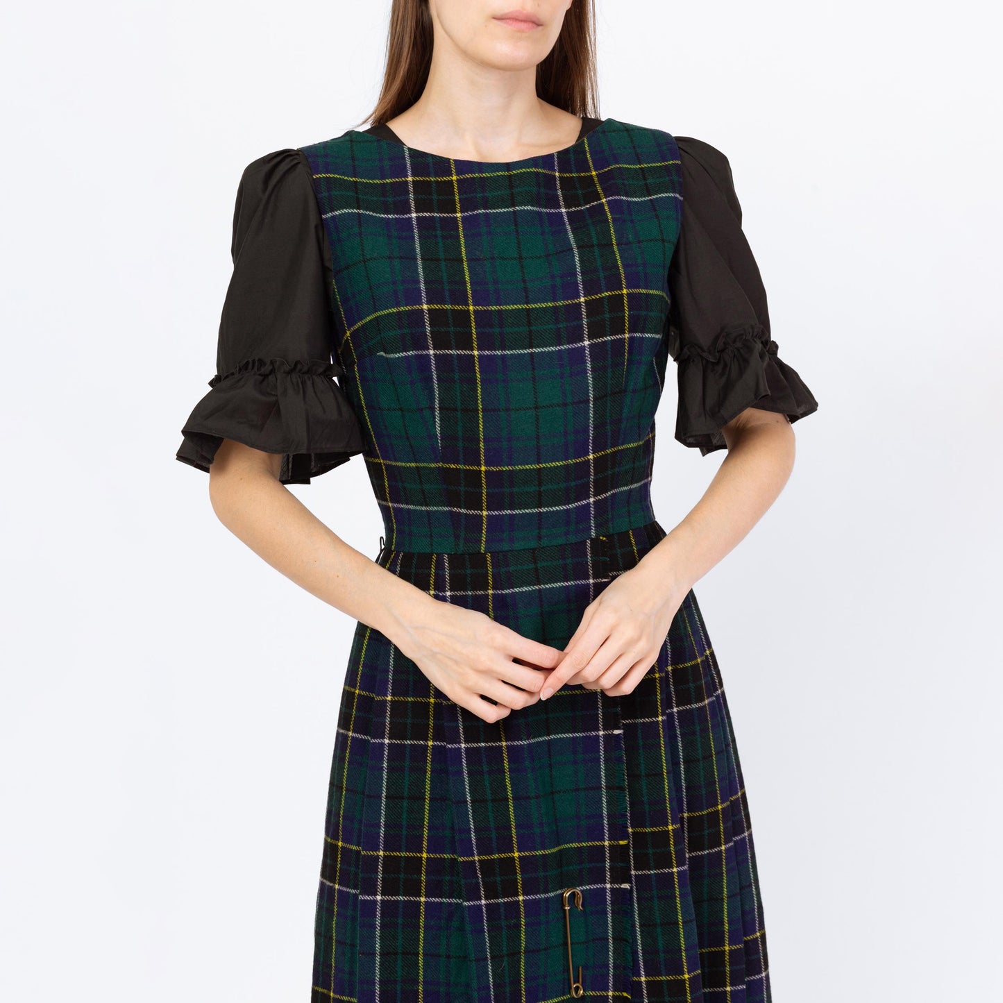 Vintage 60s Green Scottish Tartan Pinafore Dress - Small
