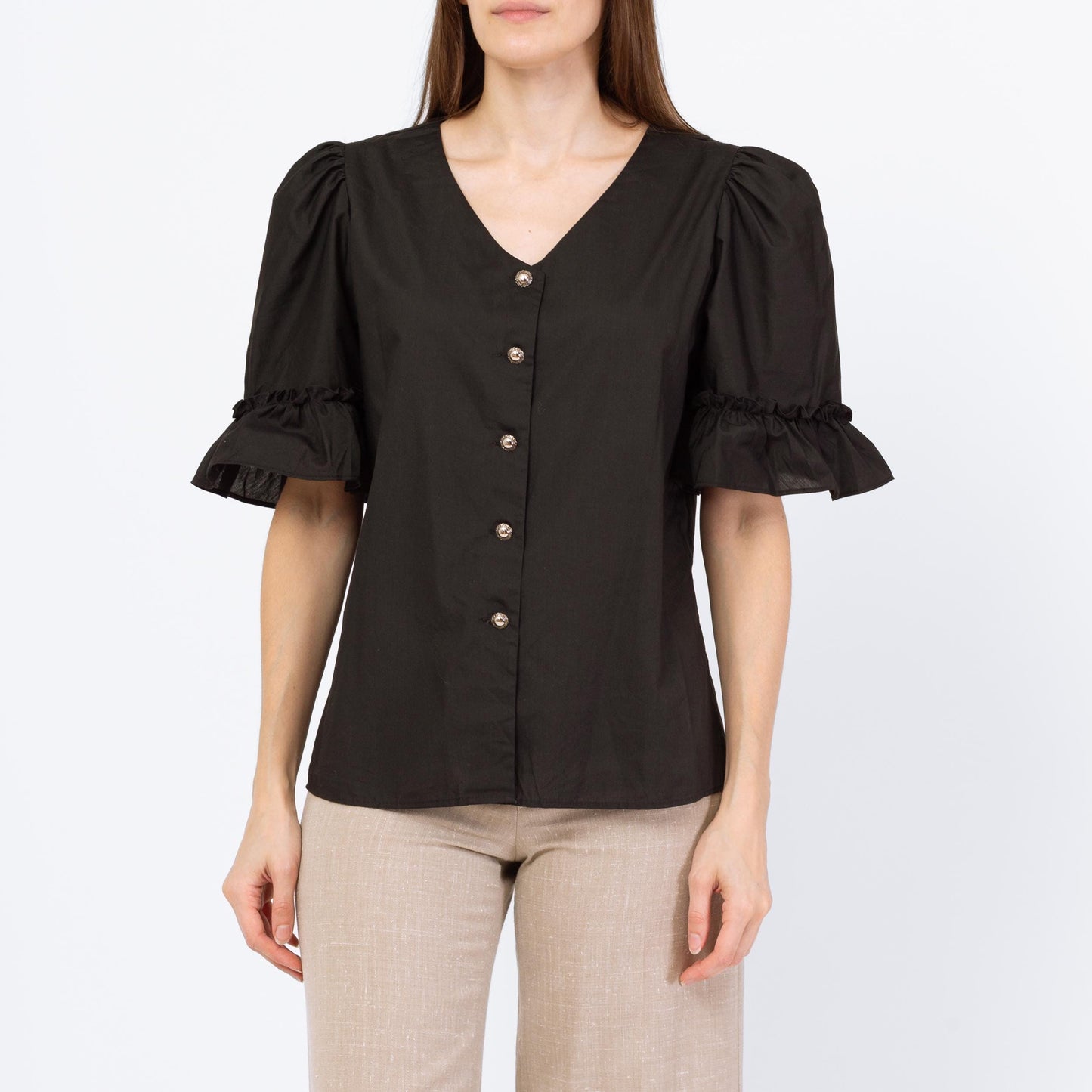 Vintage 70s Black Puff Sleeve Button Up Blouse - Small