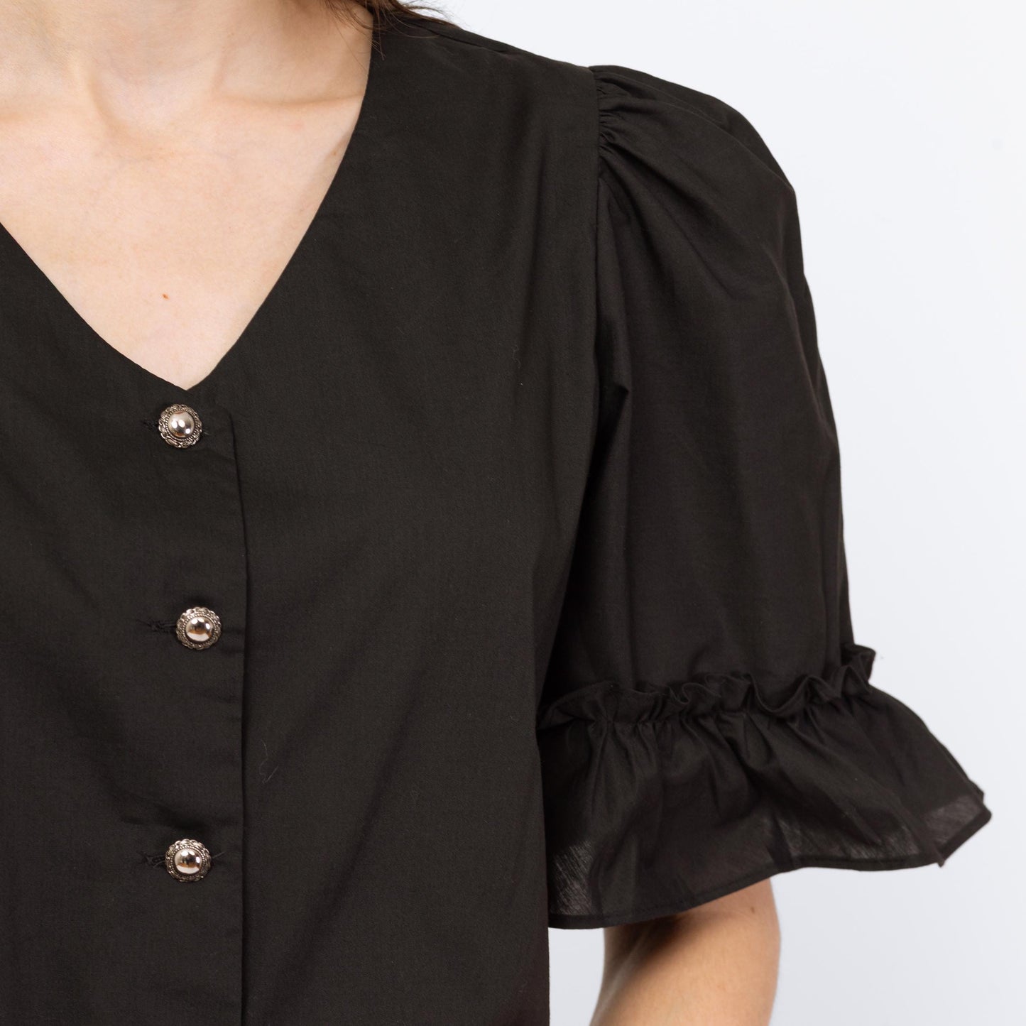 Vintage 70s Black Puff Sleeve Button Up Blouse - Small
