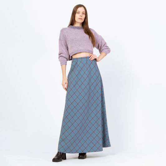 Vintage 70s Blue Plaid Maxi Skirt - Small, 26" Waist