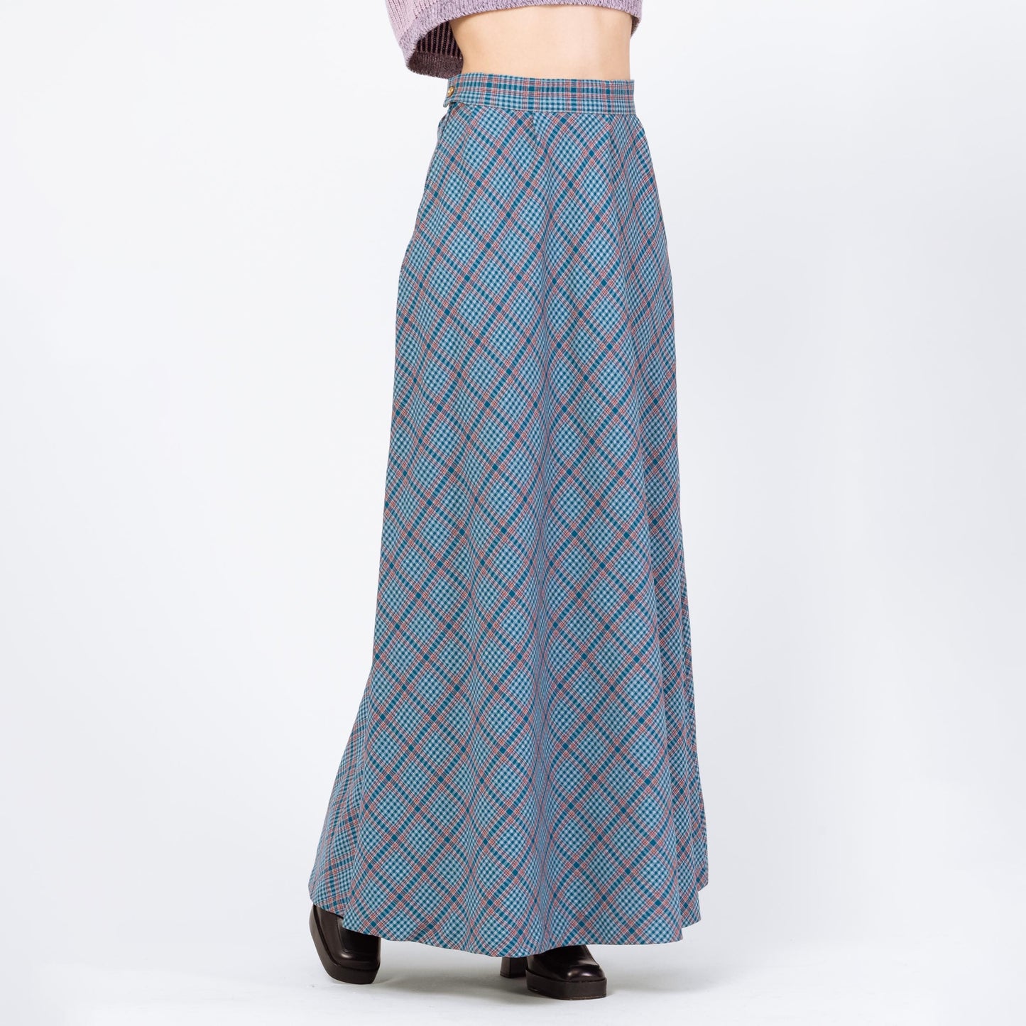 Vintage 70s Blue Plaid Maxi Skirt - Small, 26" Waist