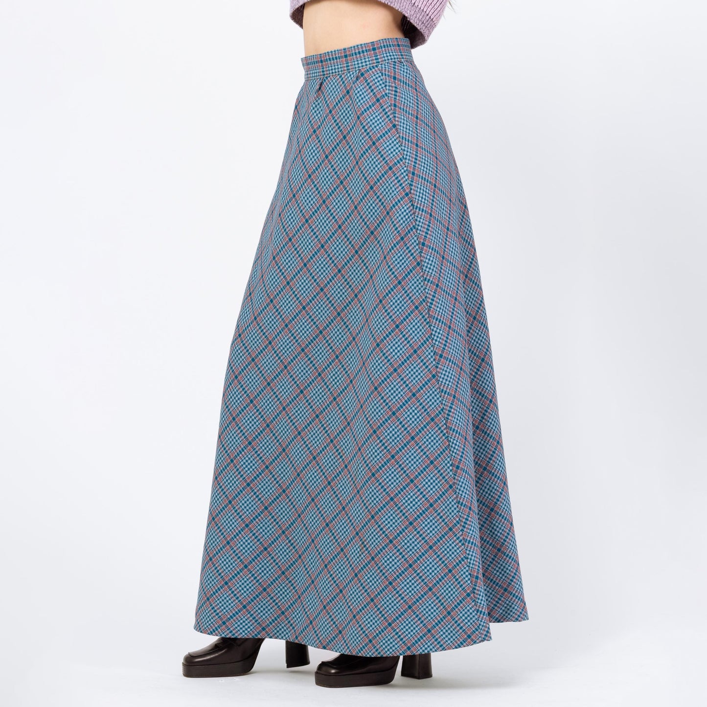 Vintage 70s Blue Plaid Maxi Skirt - Small, 26" Waist