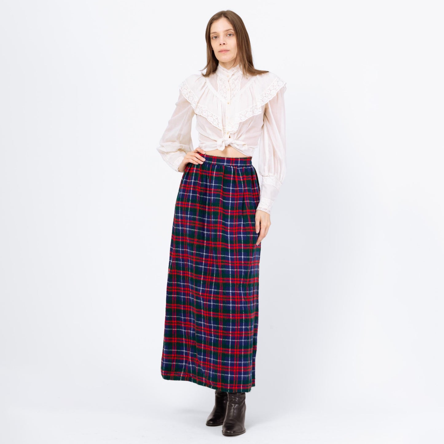 Vintage 60s Plaid Soft Knit High Waist Maxi Skirt - Small, 26" Waist