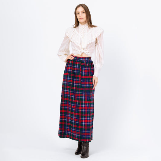Vintage 60s Plaid Soft Knit High Waist Maxi Skirt - Small, 26" Waist