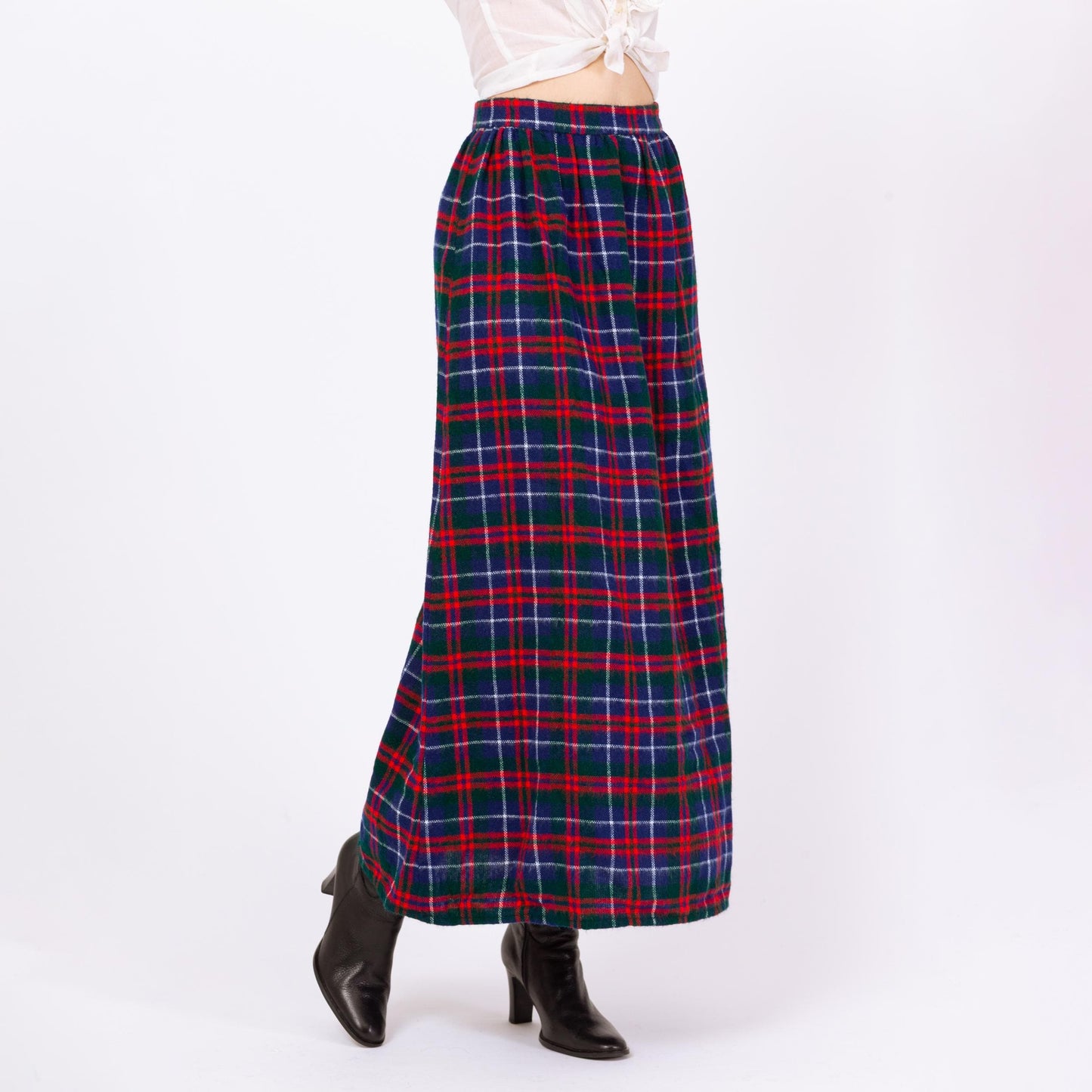 Vintage 60s Plaid Soft Knit High Waist Maxi Skirt - Small, 26" Waist