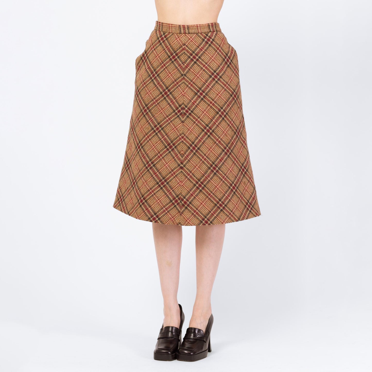 Vintage 70s Brown Plaid Tweed Schoolgirl Midi Skirt - Extra Small, 24" Waist