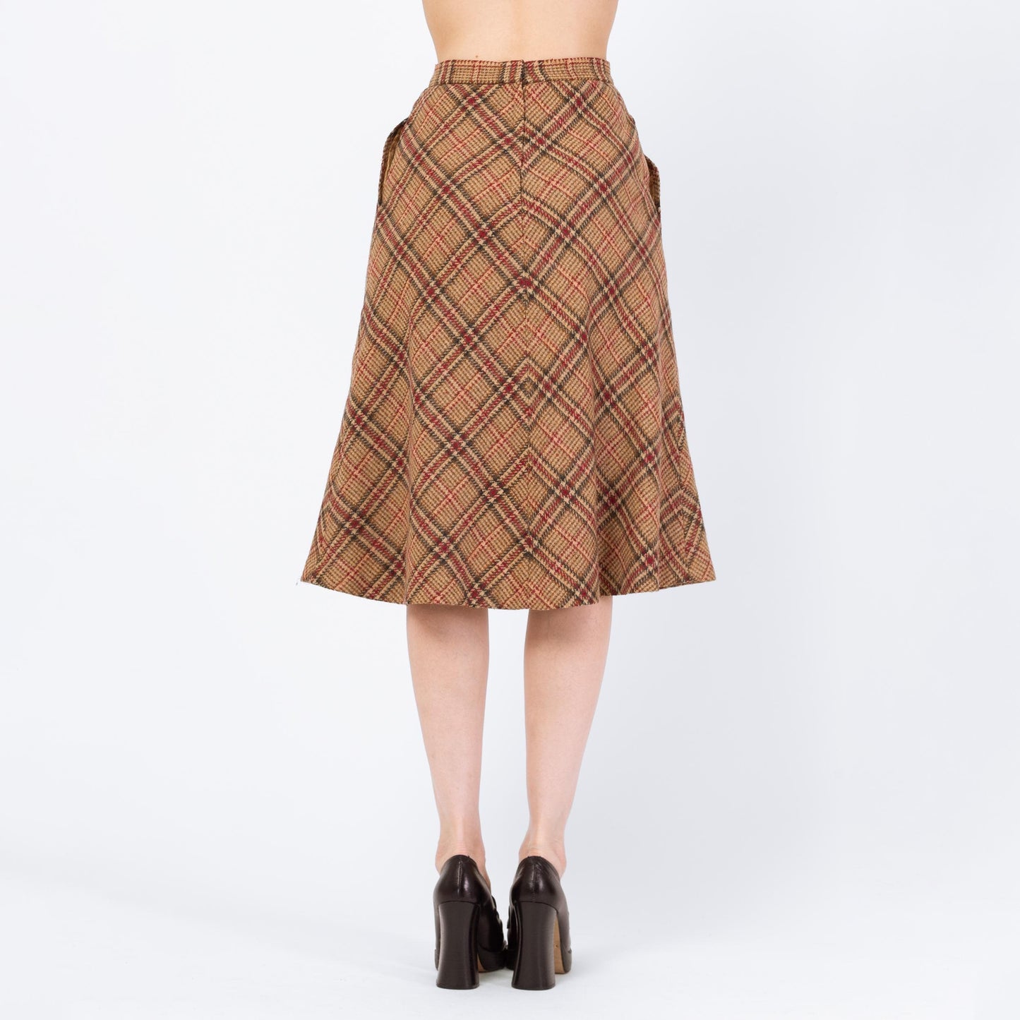 Vintage 70s Brown Plaid Tweed Schoolgirl Midi Skirt - Extra Small, 24" Waist