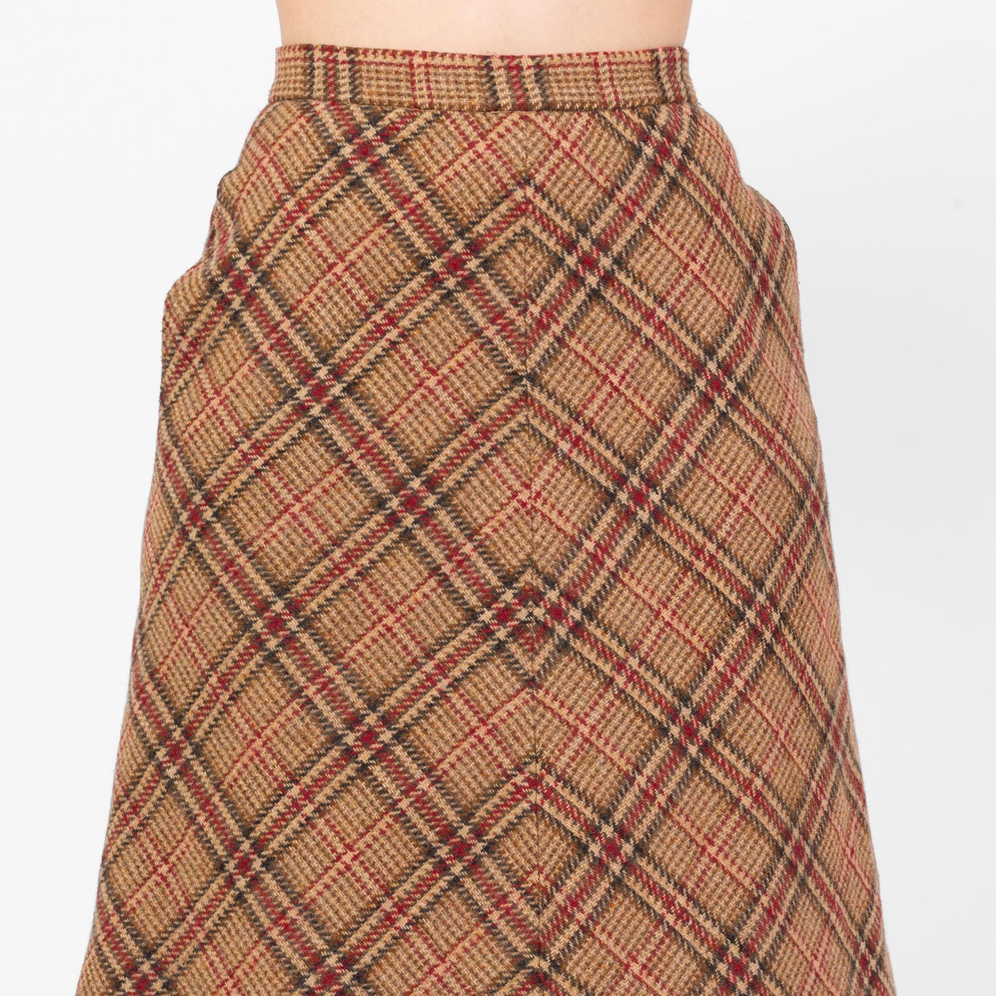 Vintage 70s Brown Plaid Tweed Schoolgirl Midi Skirt - Extra Small, 24" Waist