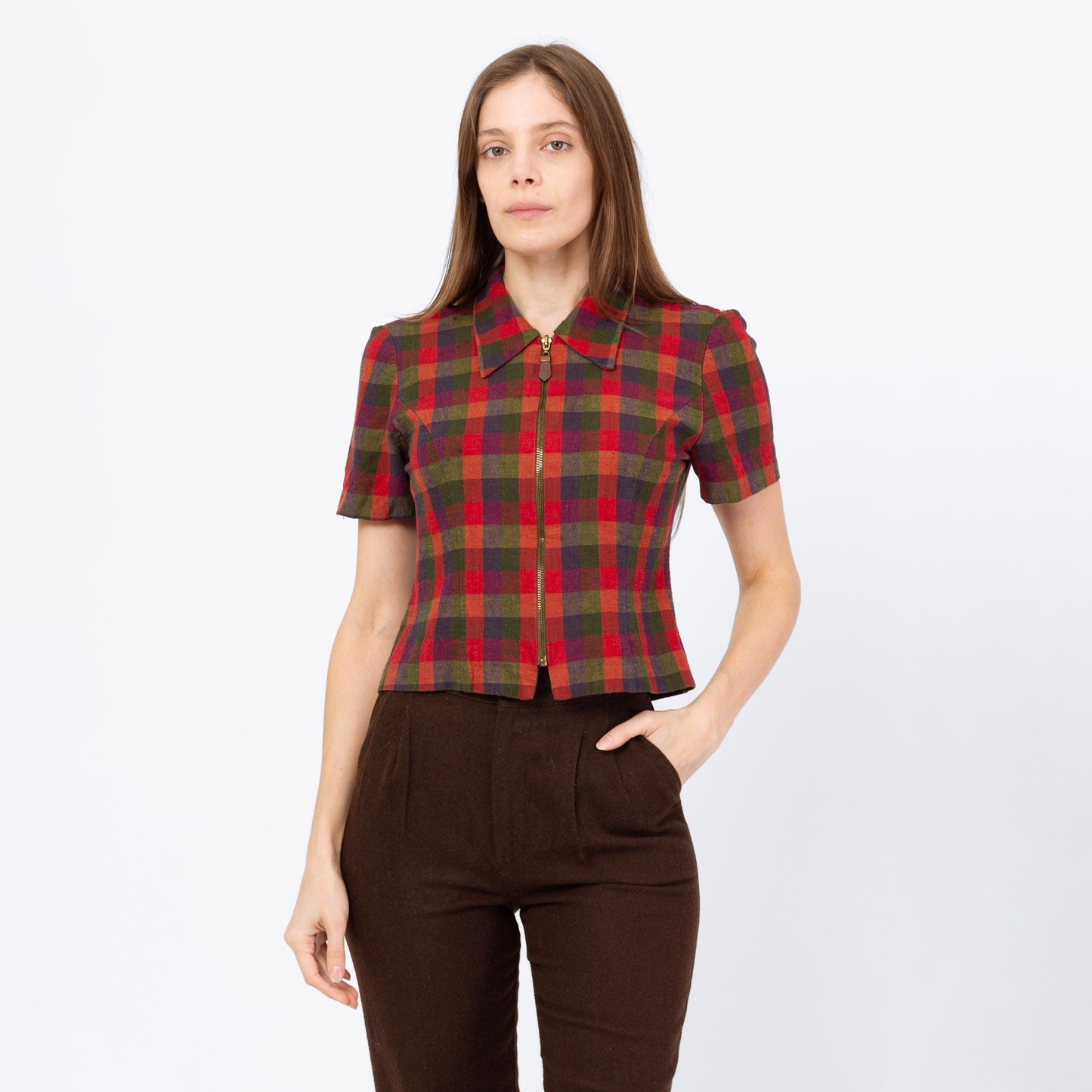 Vintage 90s Red Plaid Zip Up Crop Top - Small | Collared Short Sleeve Cropped Shirt