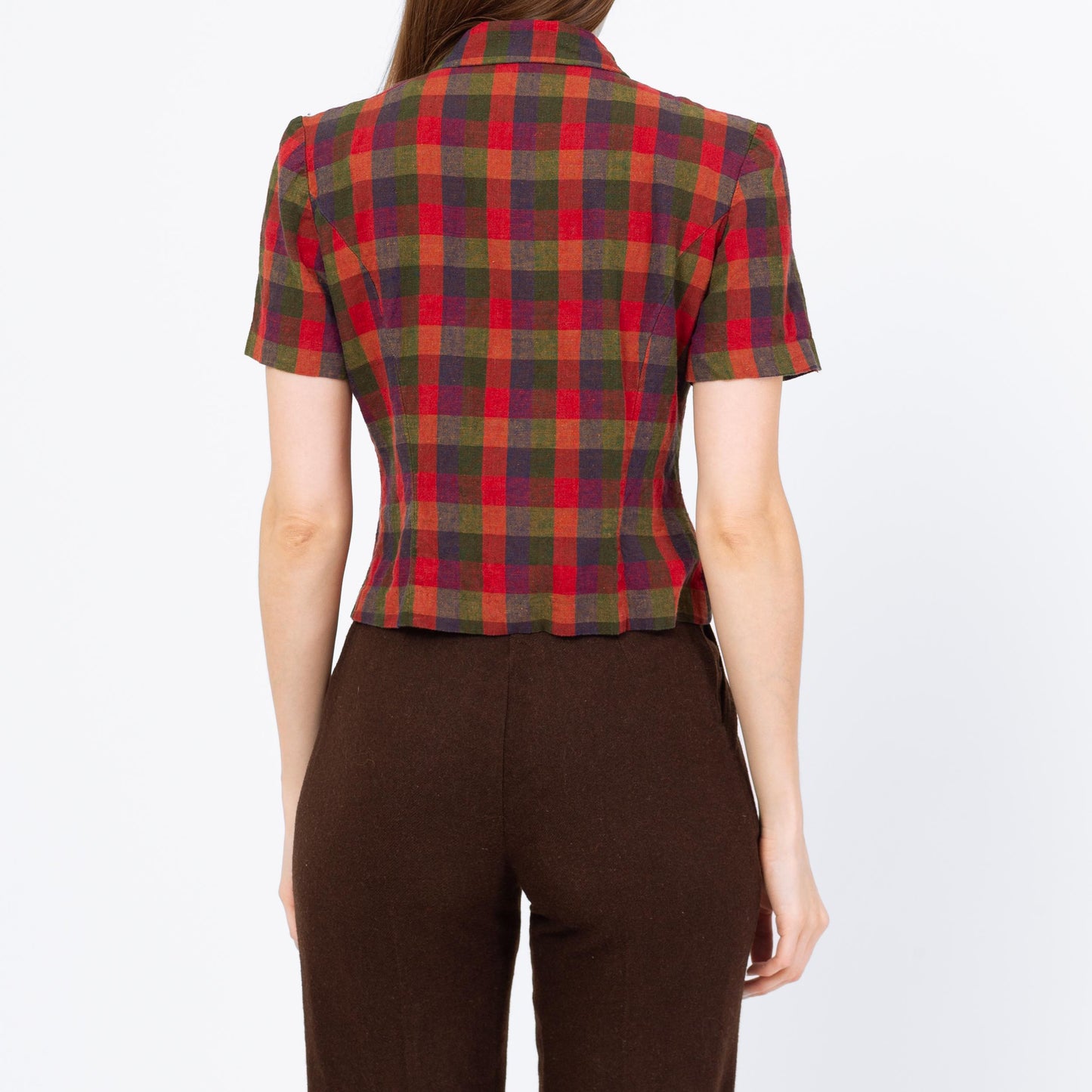 Vintage 90s Red Plaid Zip Up Crop Top - Small | Collared Short Sleeve Cropped Shirt