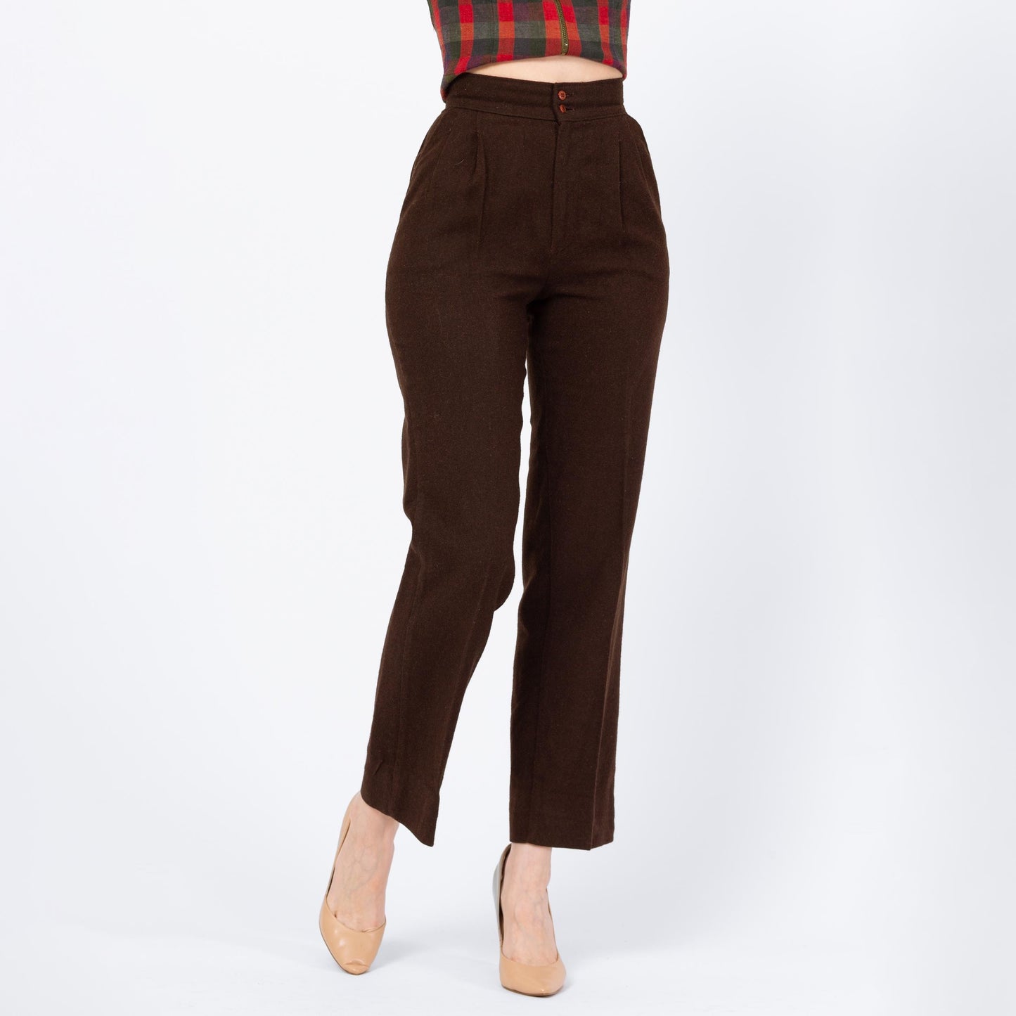 Vintage 70s Brown Wool Straight Leg Trousers - Extra Small, 24" Waist | High Waisted Pleated Slim Bootcut Pants