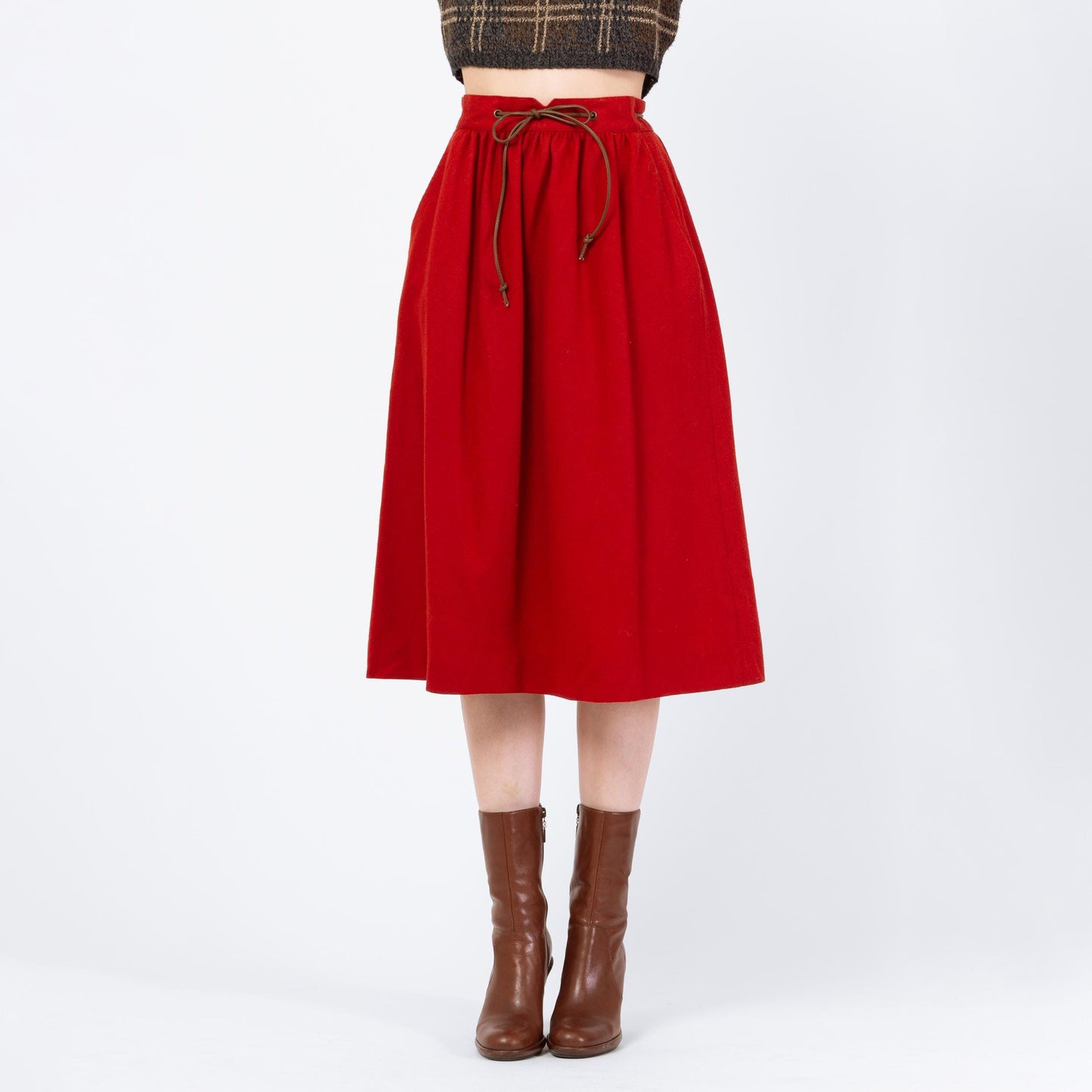 Vintage 80s Rust Red Wool Western Midi Skirt - Small, 26" Waist | High Waisted Leather Belt Pocket Skirt