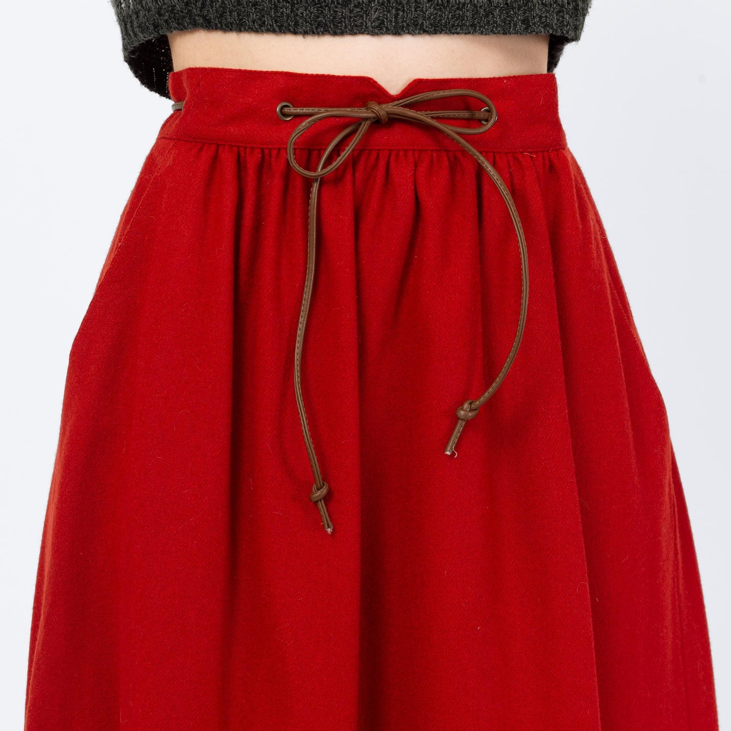 Vintage 80s Rust Red Wool Western Midi Skirt - Small, 26" Waist | High Waisted Leather Belt Pocket Skirt