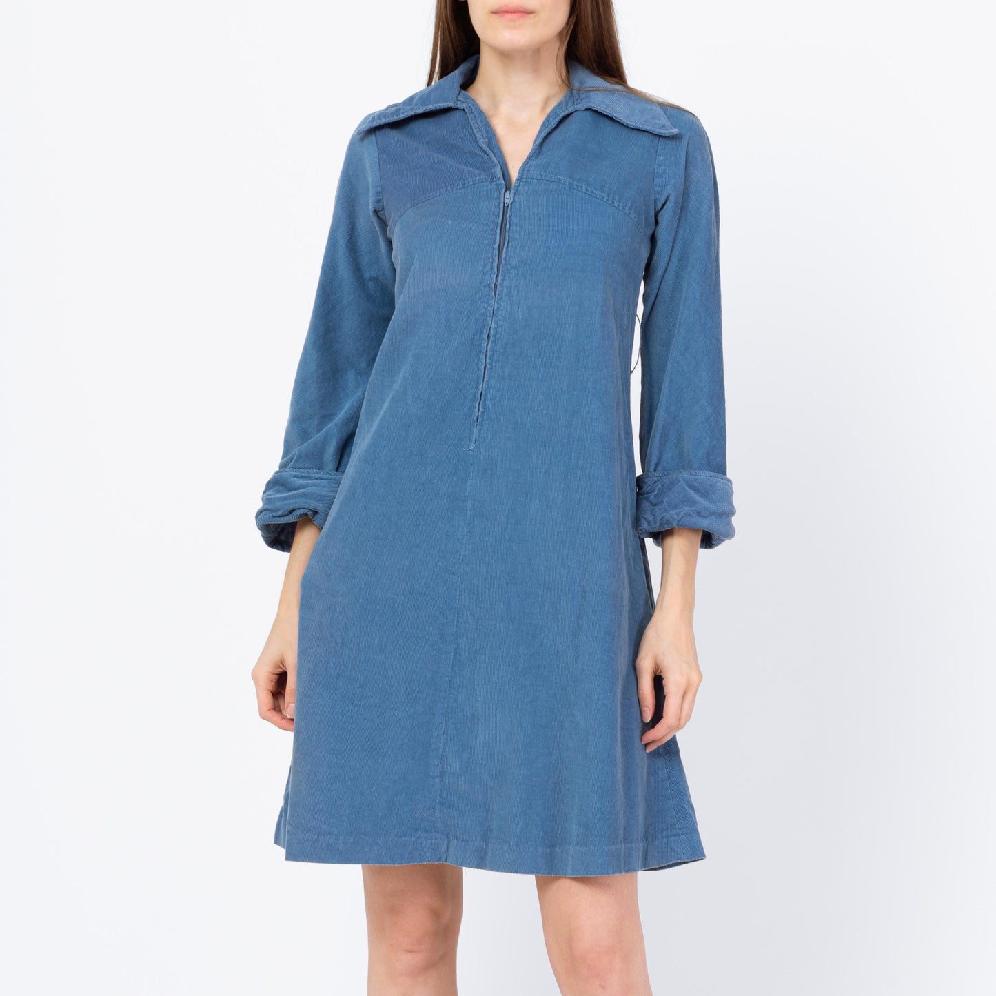 Vintage 70s Mod Slate Blue Corduroy Mini Dress - Extra Small | Zip Up Collared 3/4 Sleeve A Line Pocket Dress